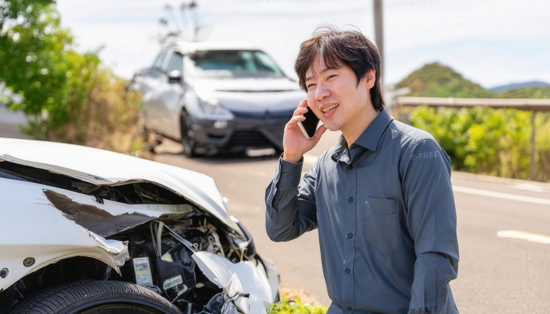 車の事故で通話する男性と後ろの車