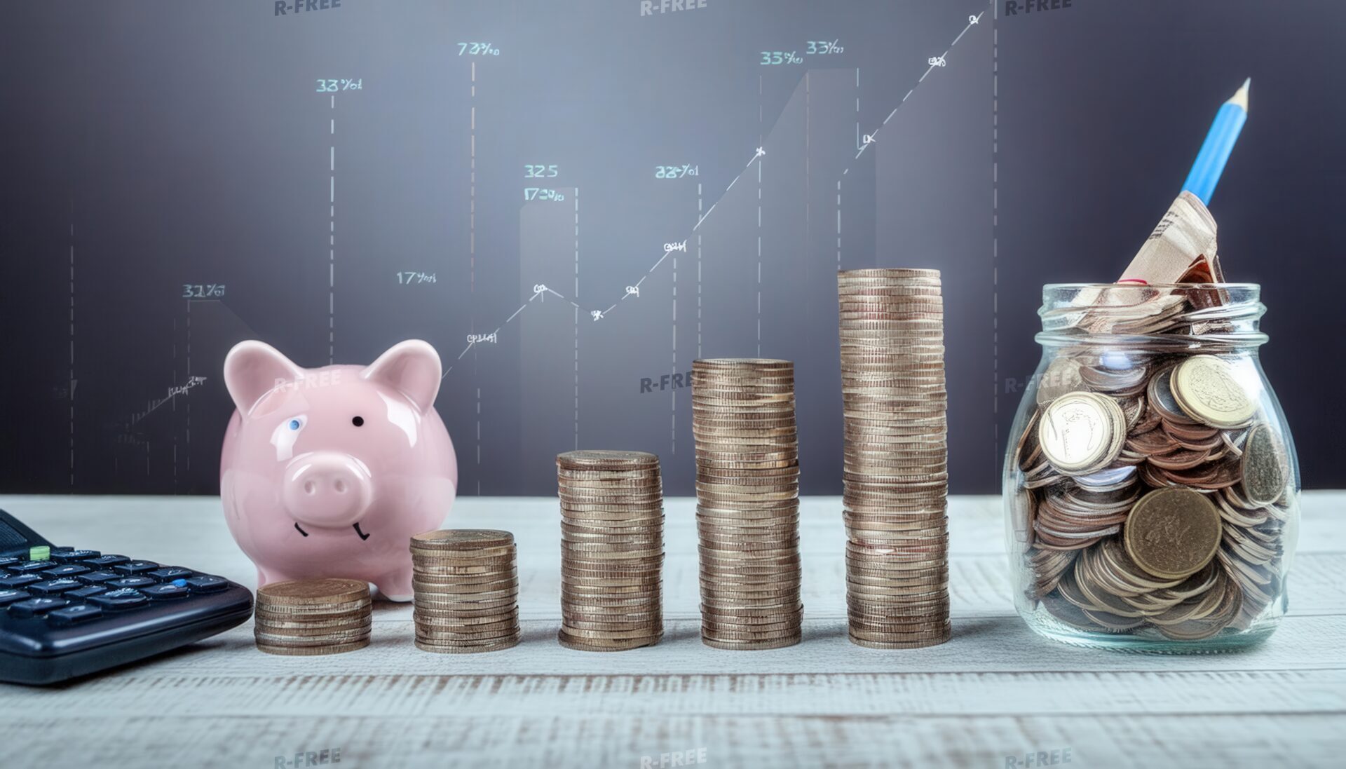 貯金箱とコインが並ぶ経済イメージ
