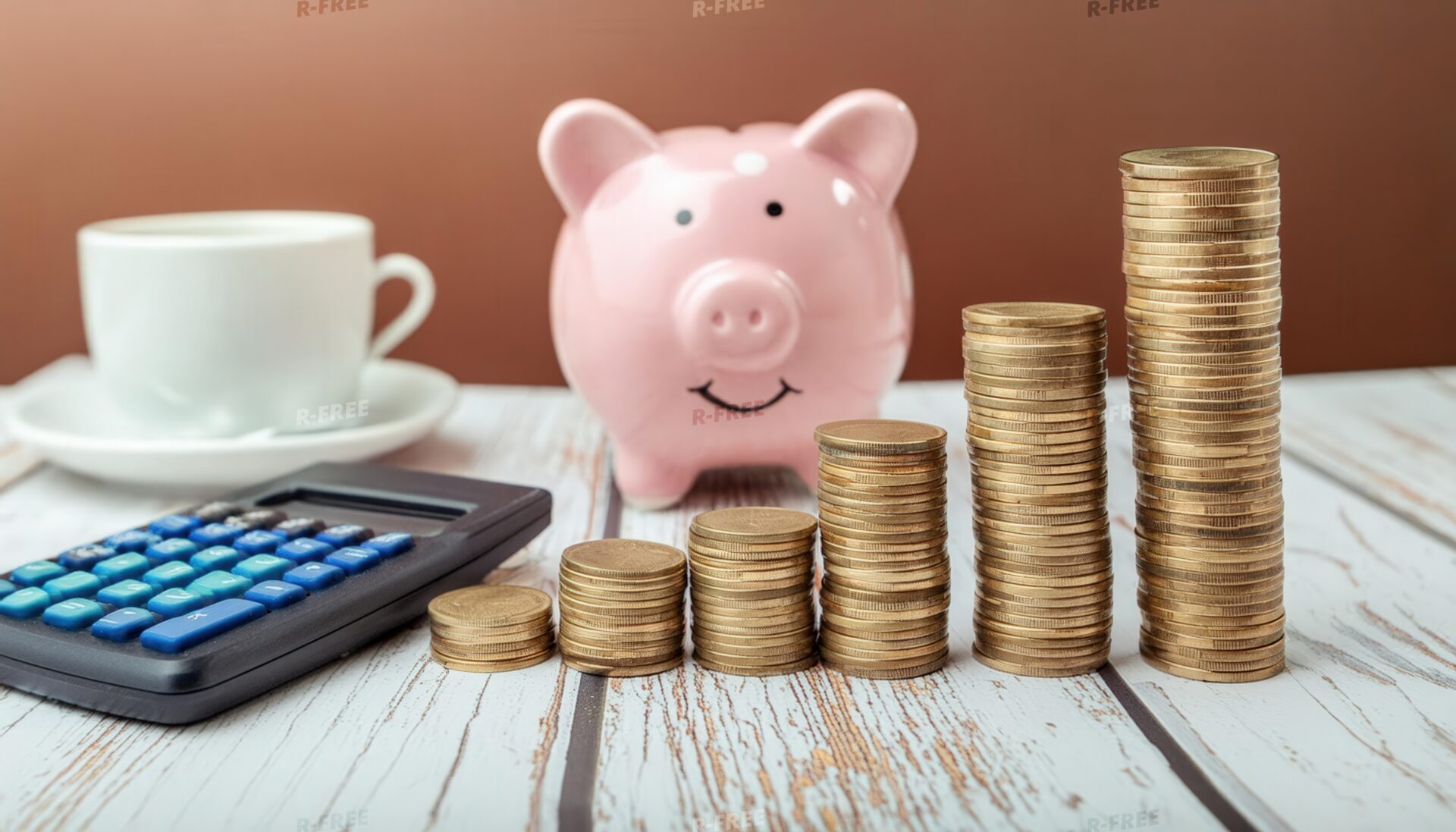 コーヒーカップを背景にした貯金箱と硬貨と電卓