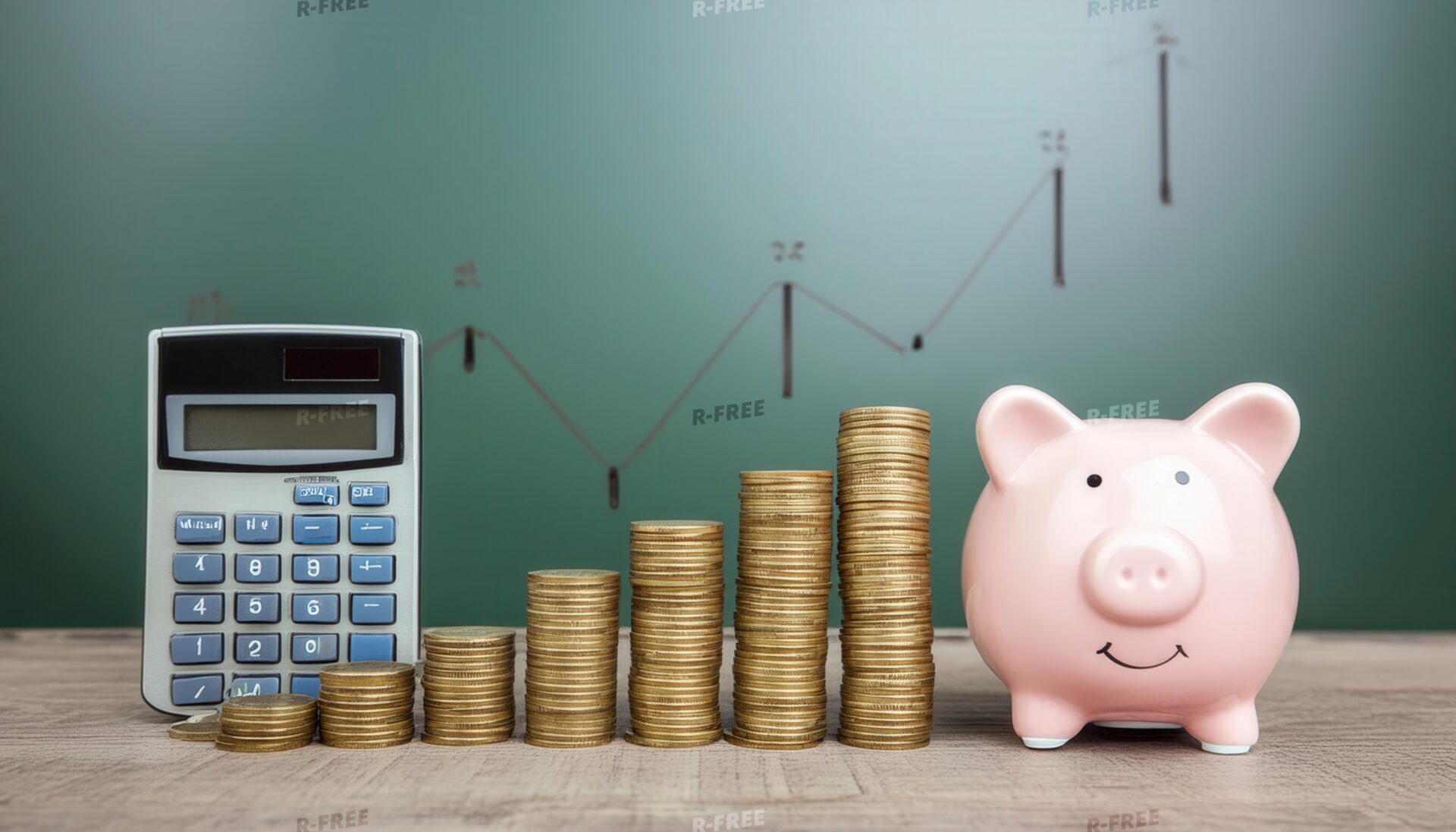 折れ線グラフ背景の貯金箱と硬貨と電卓