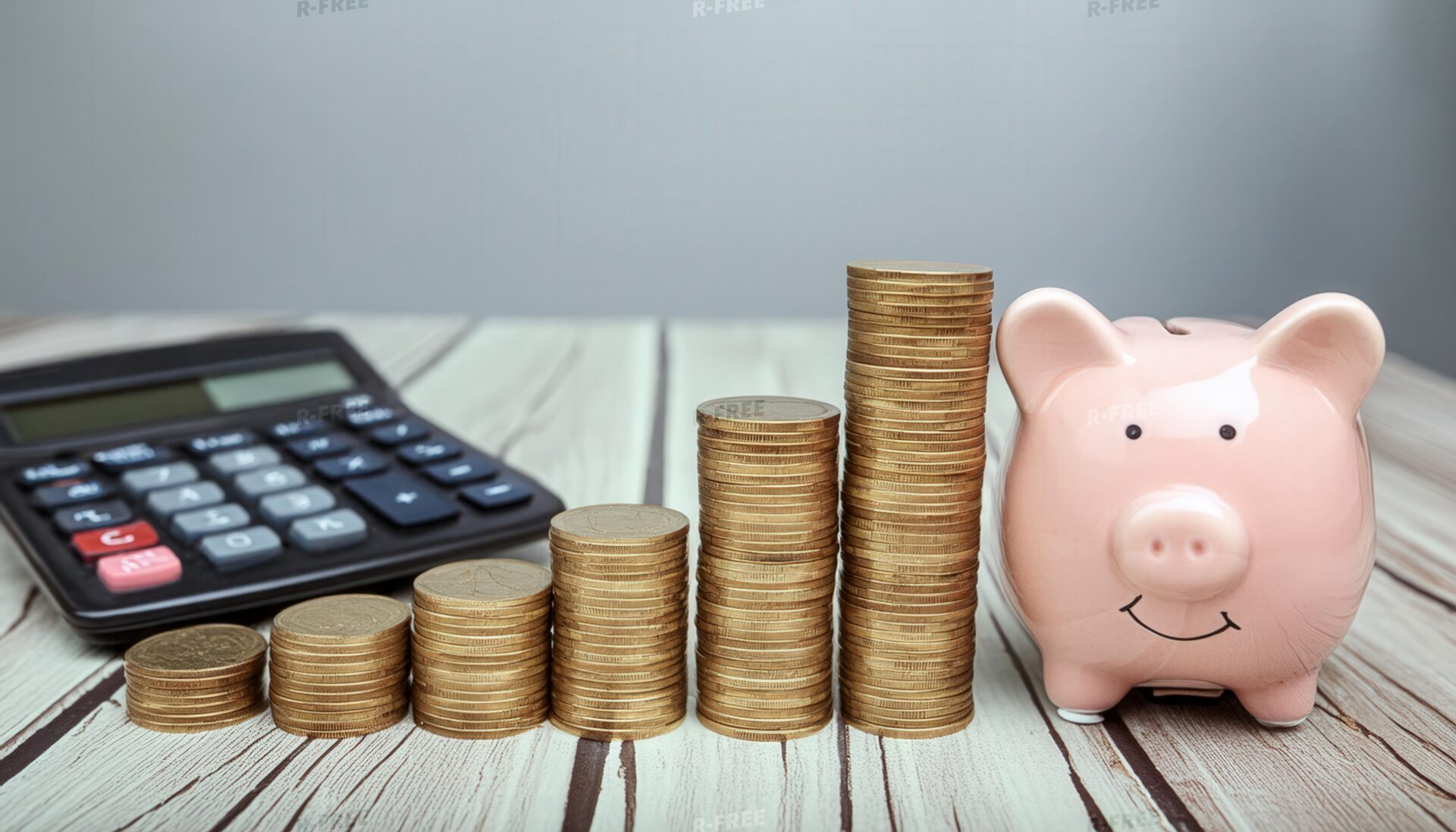 グレー背景に並ぶ貯金箱と階段状の硬貨と電卓