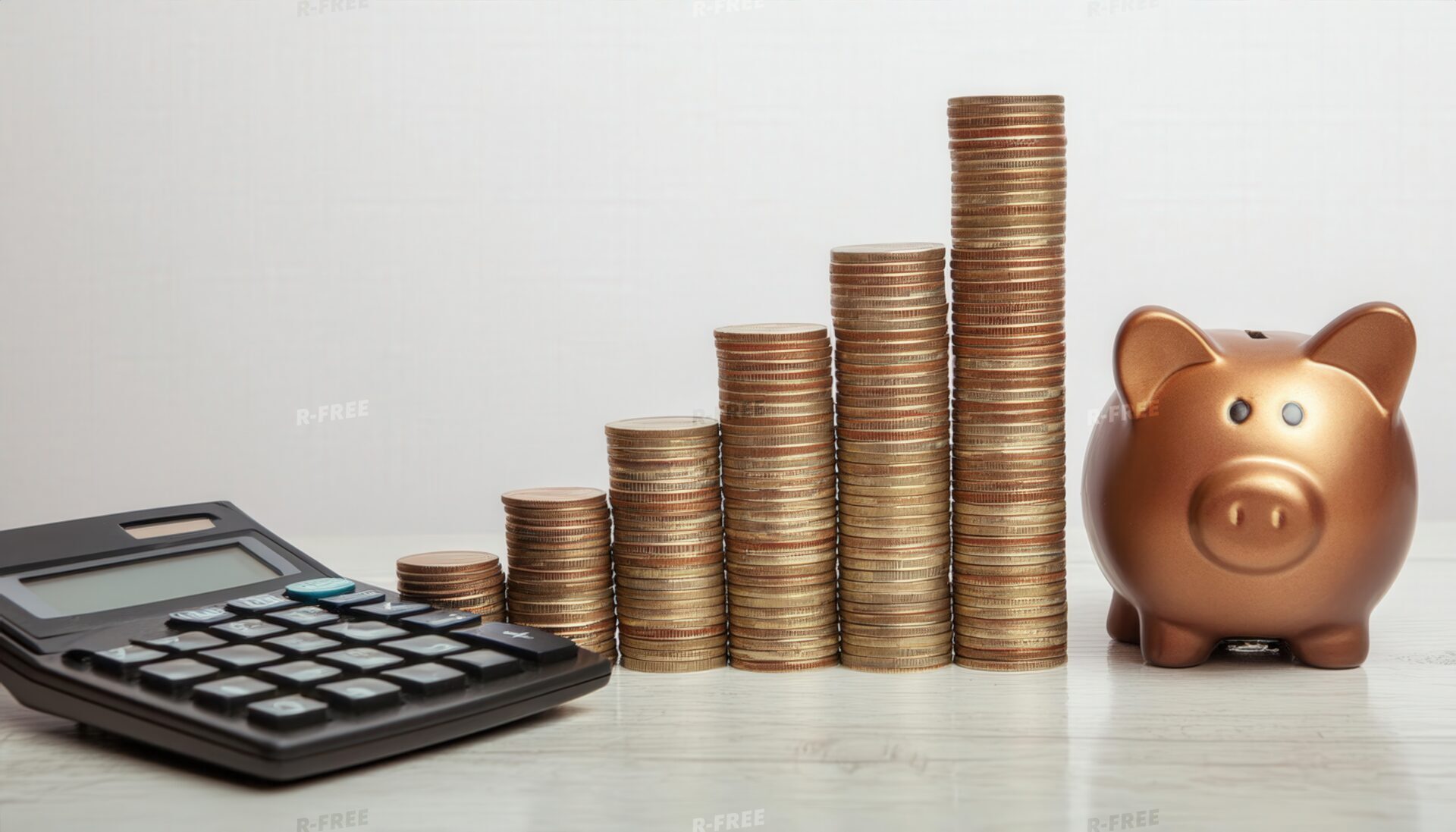 白背景に並ぶブロンズ色の貯金箱と硬貨と電卓
