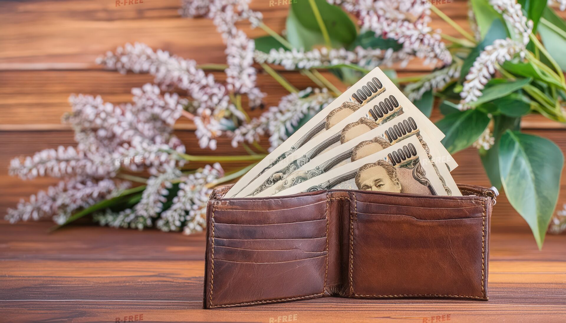花とともに置かれた一万円札の財布