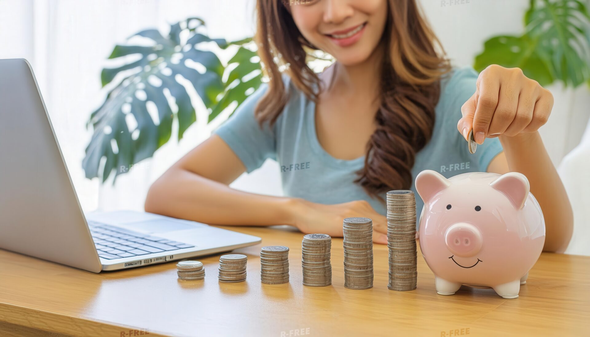 貯金箱にコインを入れる女性