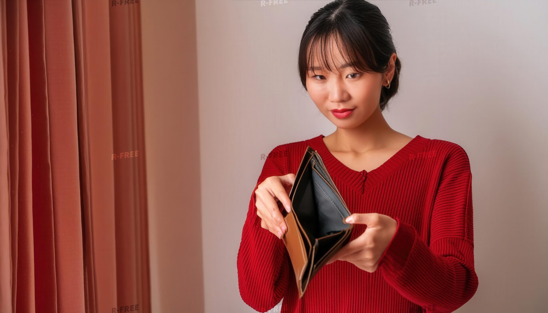 赤いリブニットで空の財布を覗く若い女性