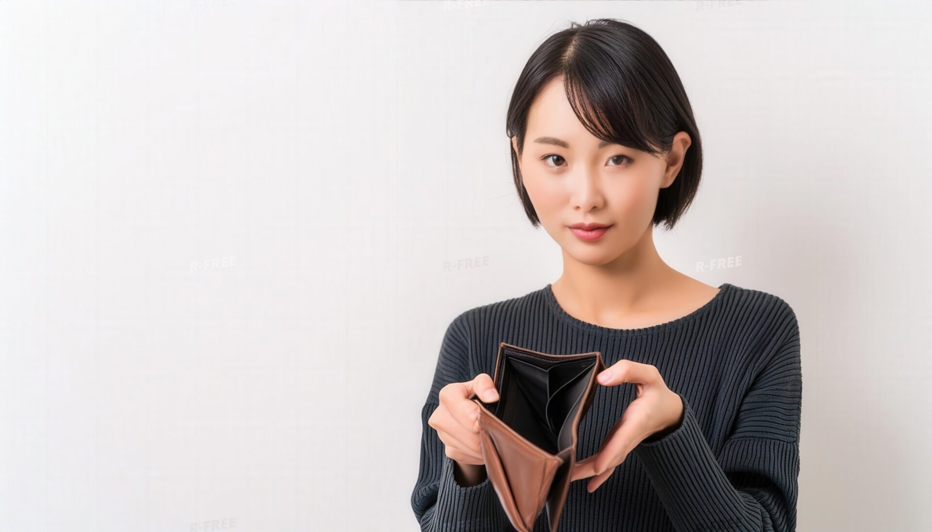 カメラを見つめ空の財布を広げる若い女性