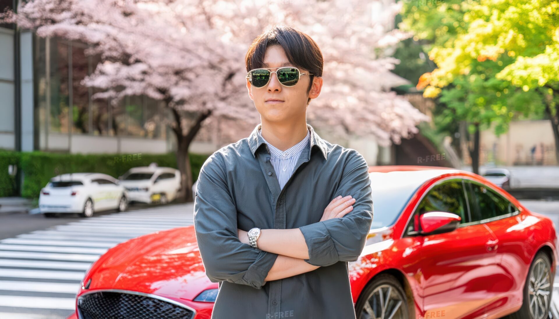 赤い車と桜の前でポーズをとる人物