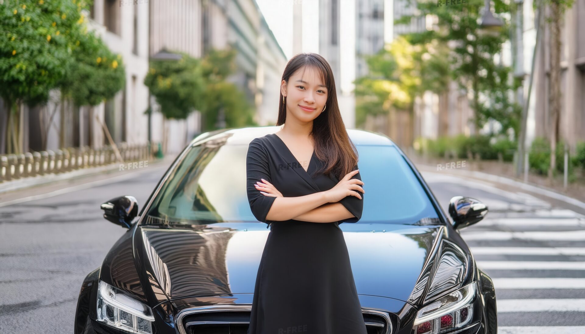 黒い車の前でポーズをとる女性01