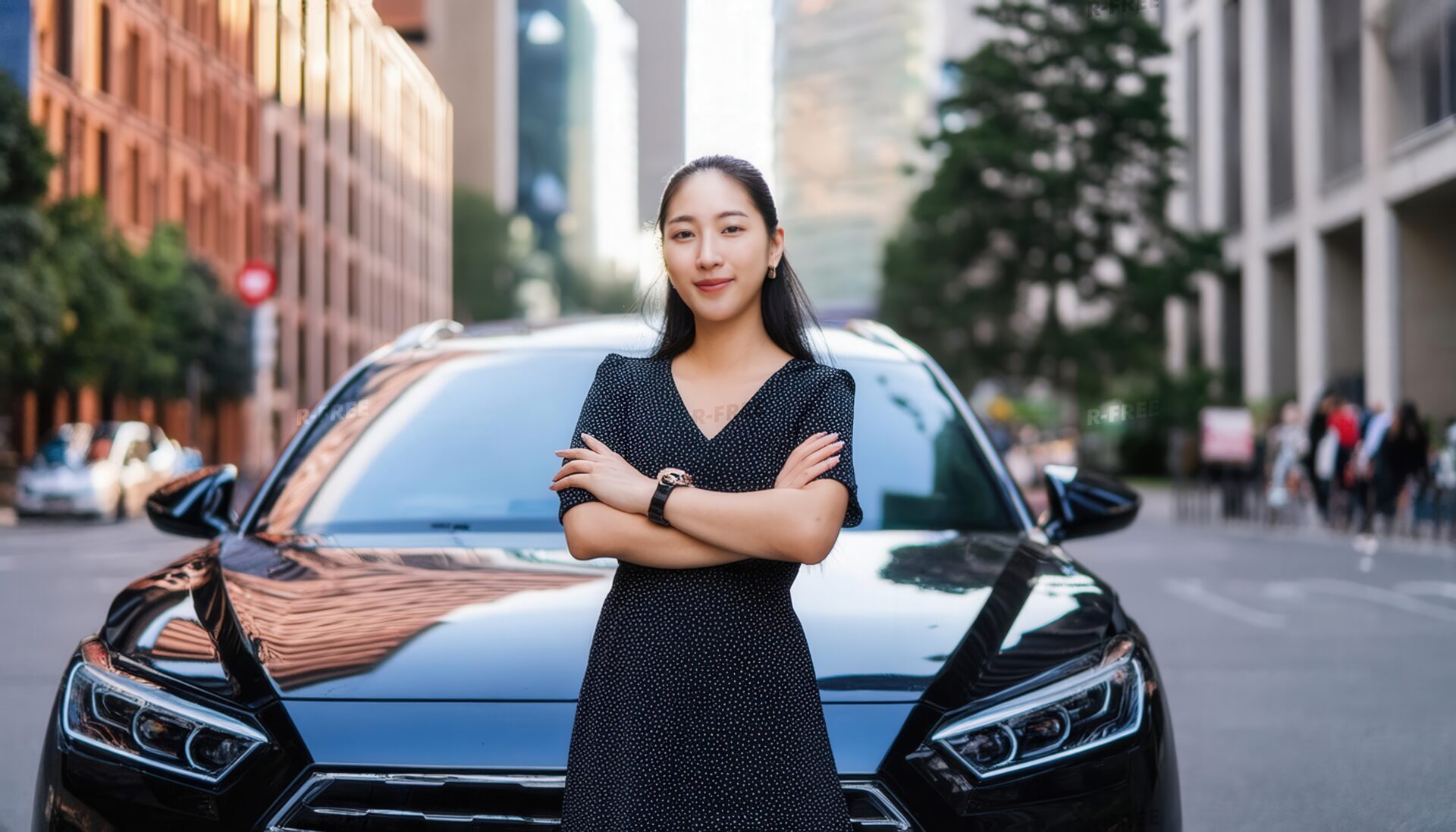 黒い車の前でポーズをとる女性02