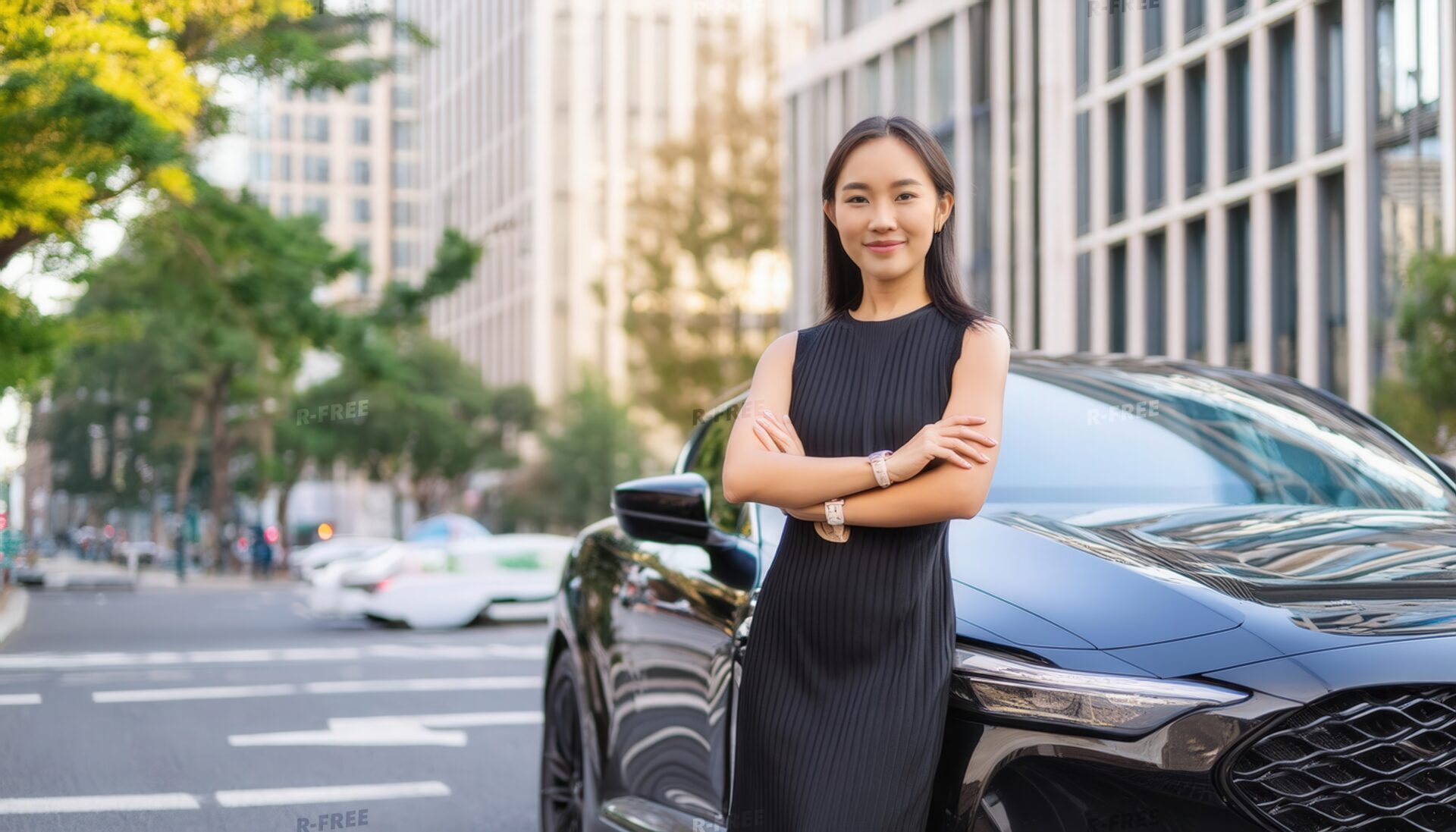 黒い車の前でポーズをとる女性03