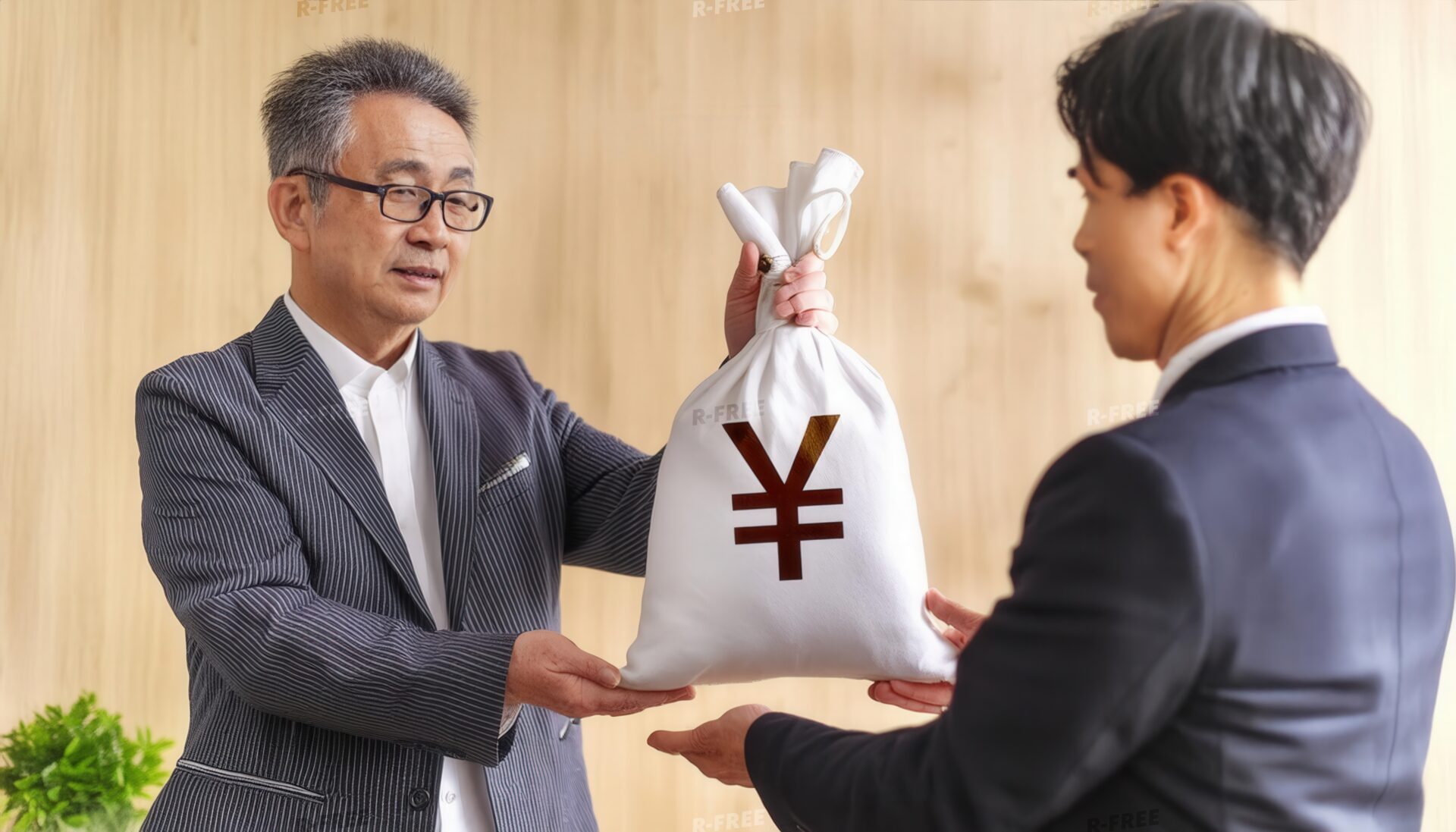 相続を渡す老年の男性とスーツ姿の息子
