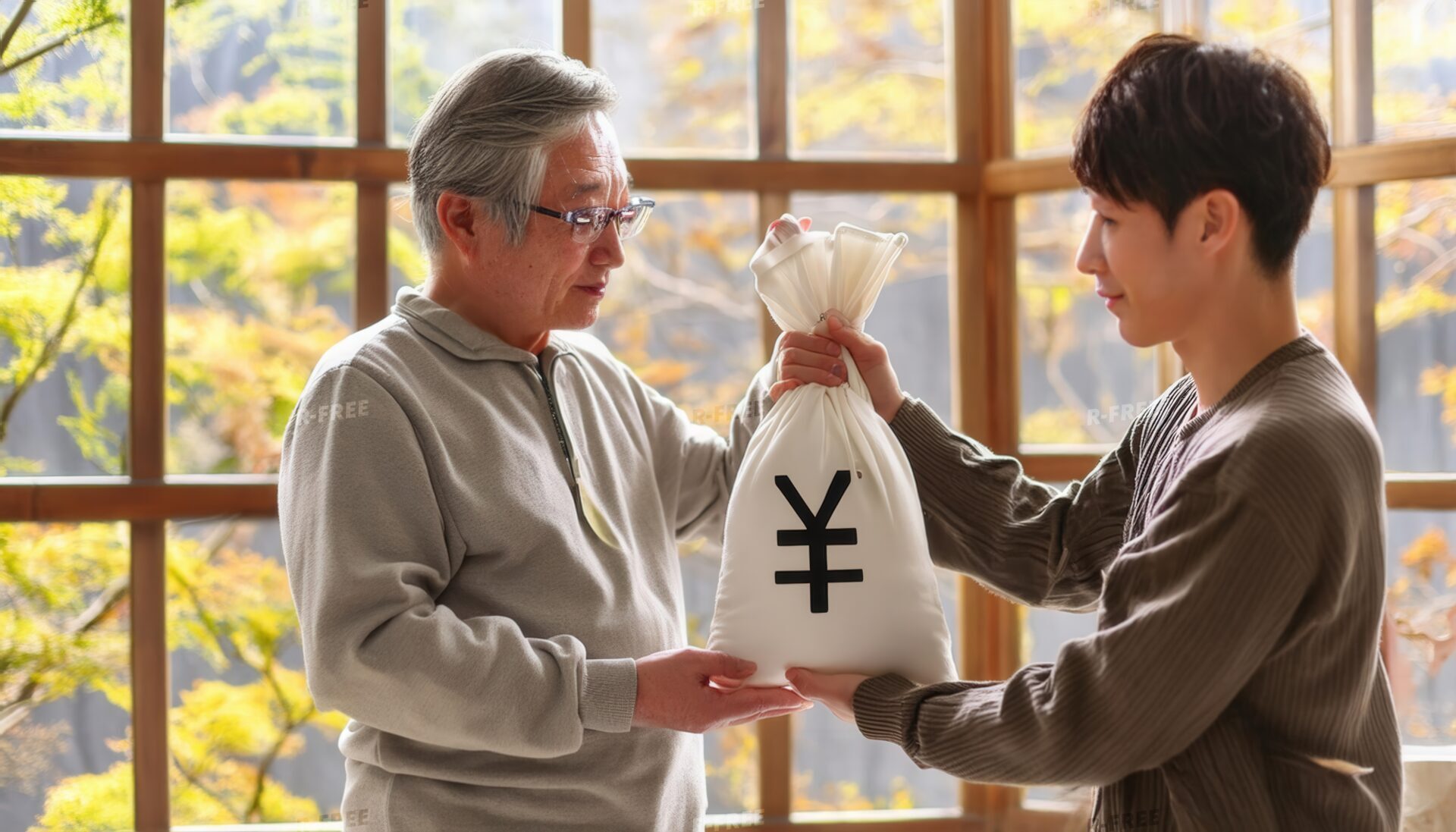 相続を渡す老年の男性と茶色セーターの息子