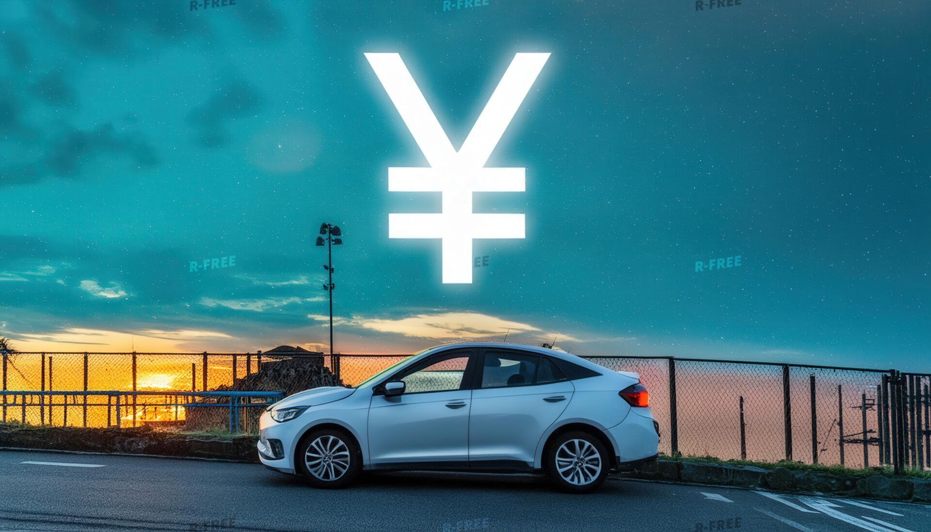 車と円マークの海辺