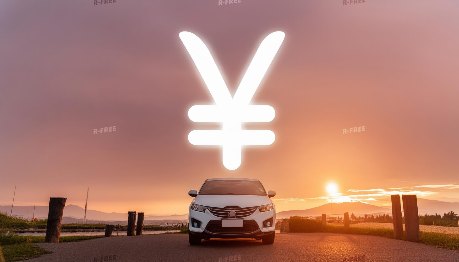 車と円マークの夕焼け