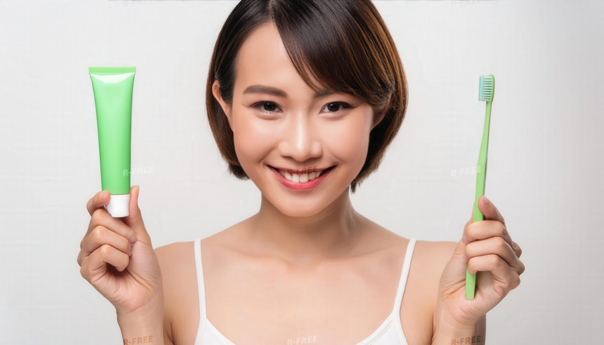 白いキャミソール姿で笑顔の歯磨きセットを持つ女性3