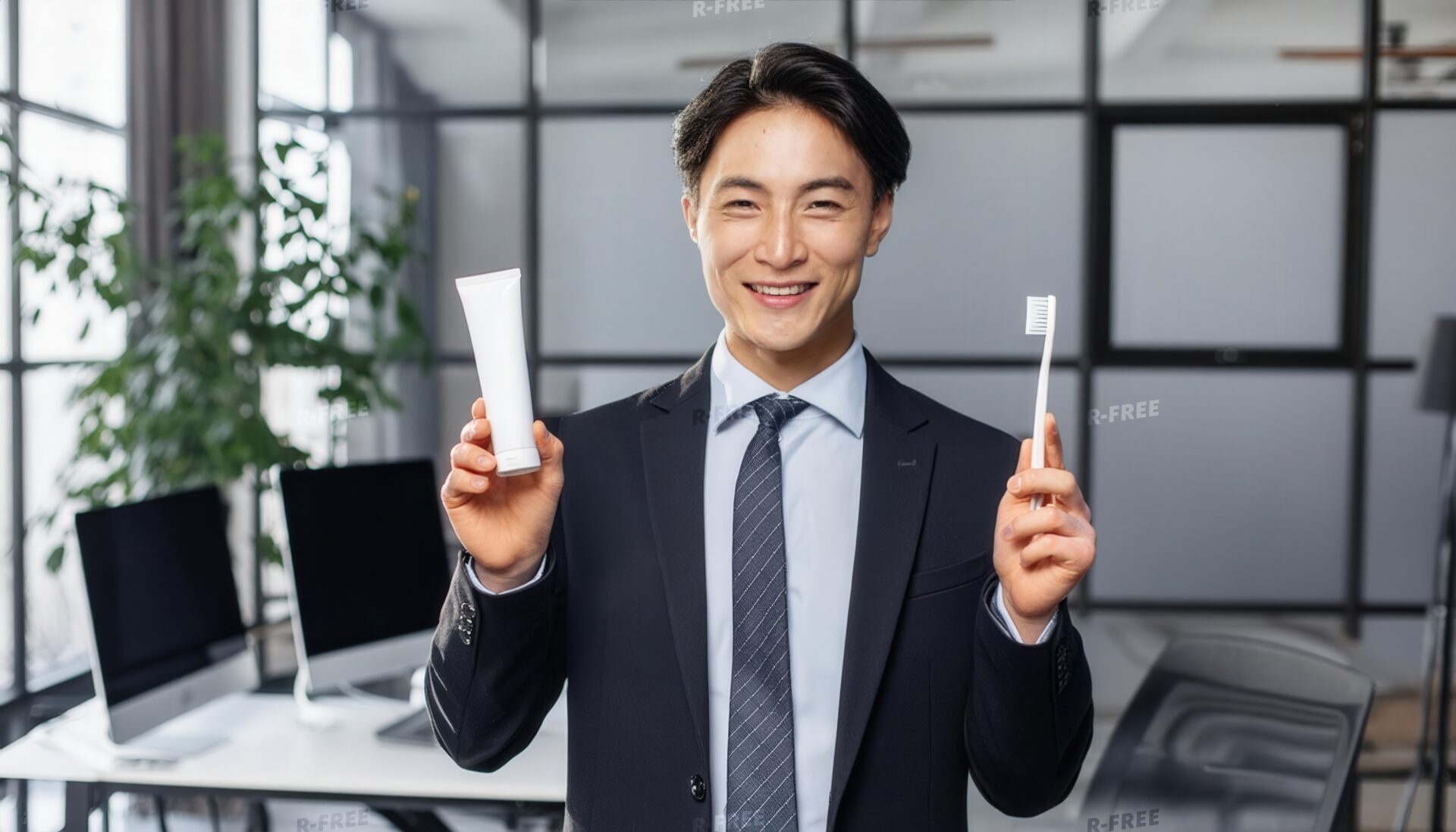 歯磨きセットを持つ男性7