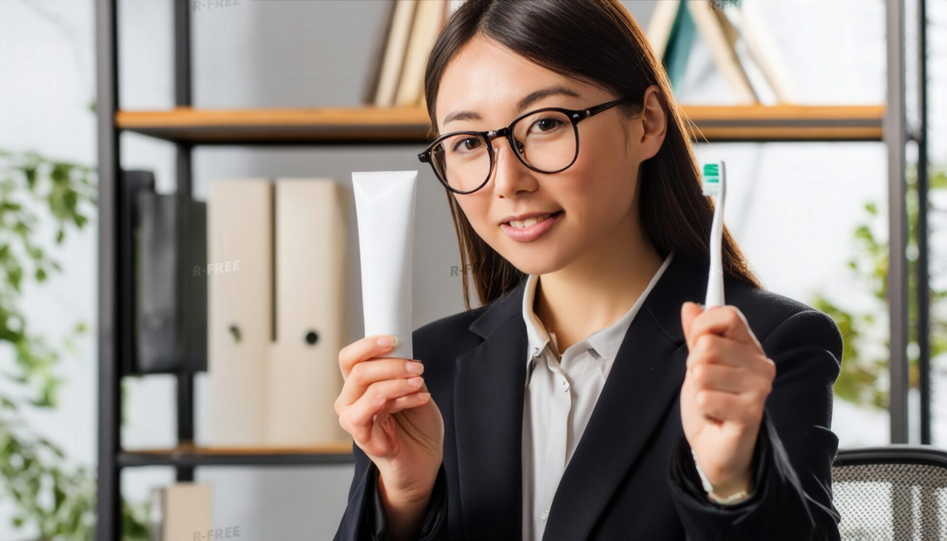 眼鏡と紺色ジャケットの女性の歯磨きセット
