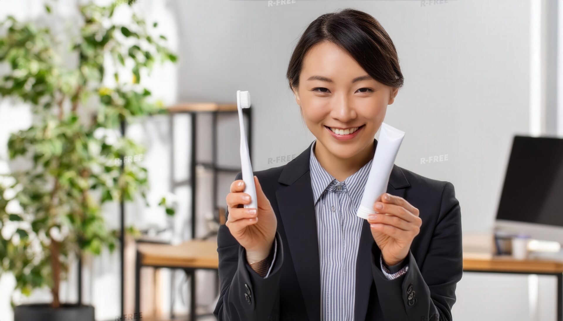 歯磨きセットを持つ女性2オフィスで微笑むスーツ姿の20代女性