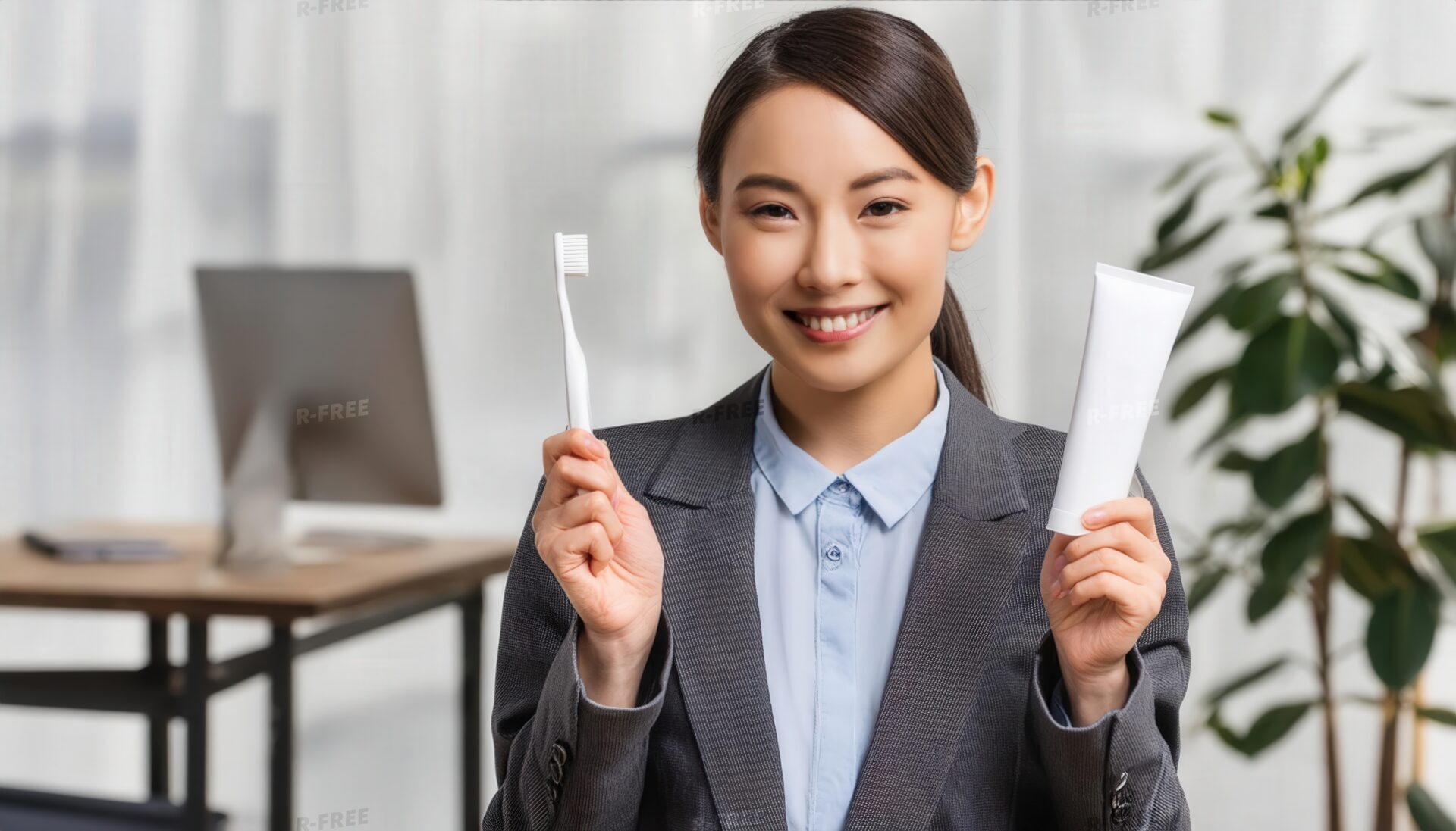笑顔で歯磨きセットを持つ女性4・オフィスで示す20代女性