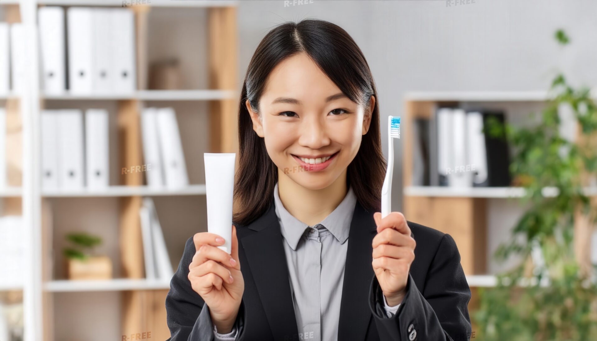 歯磨きセットを持ち笑顔を浮かべるスーツ姿の女性