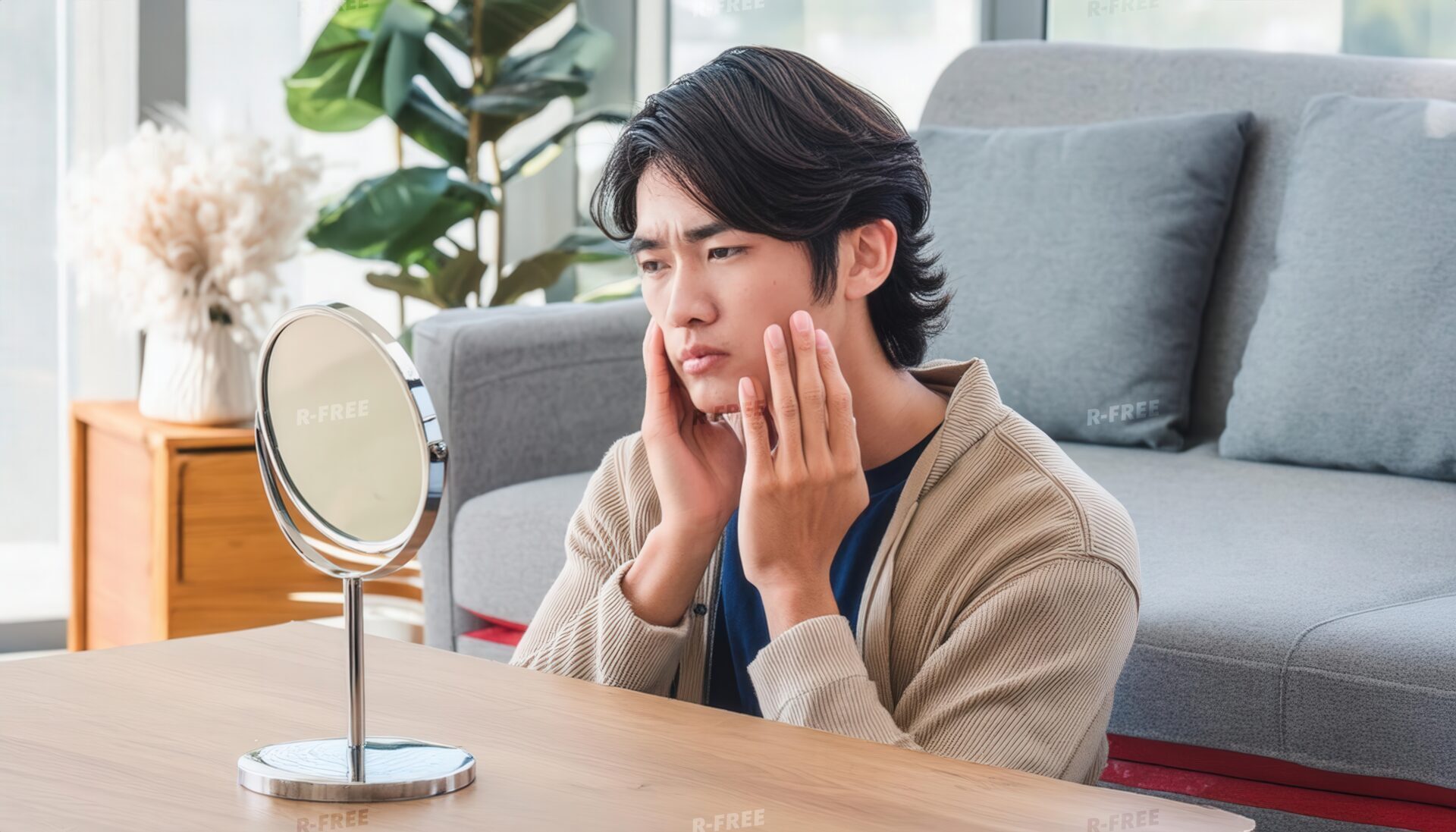 鏡を見て肌を気にする男性3