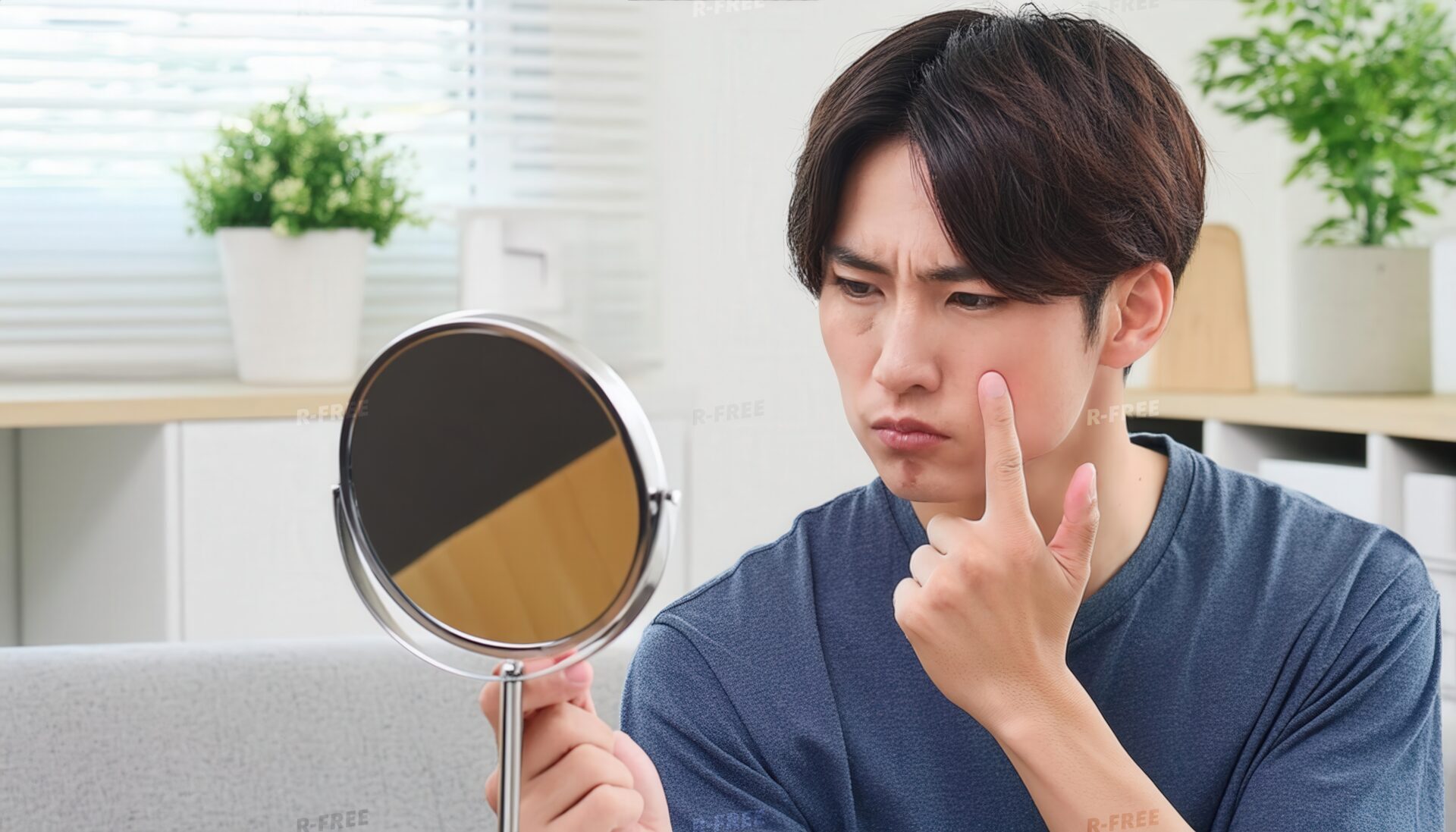鏡を見て肌を気にする男性6