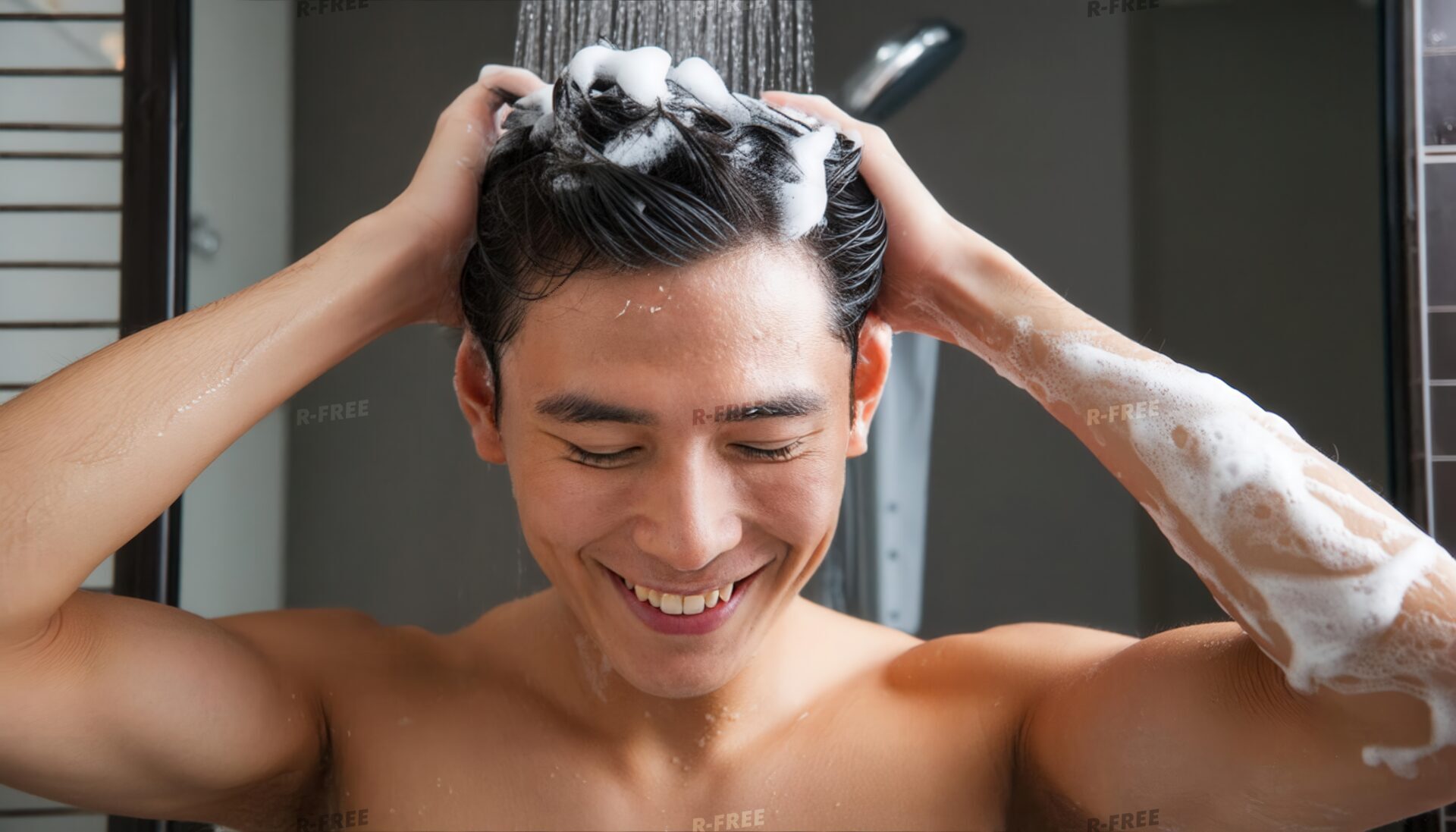 笑顔の男性のシャンプー