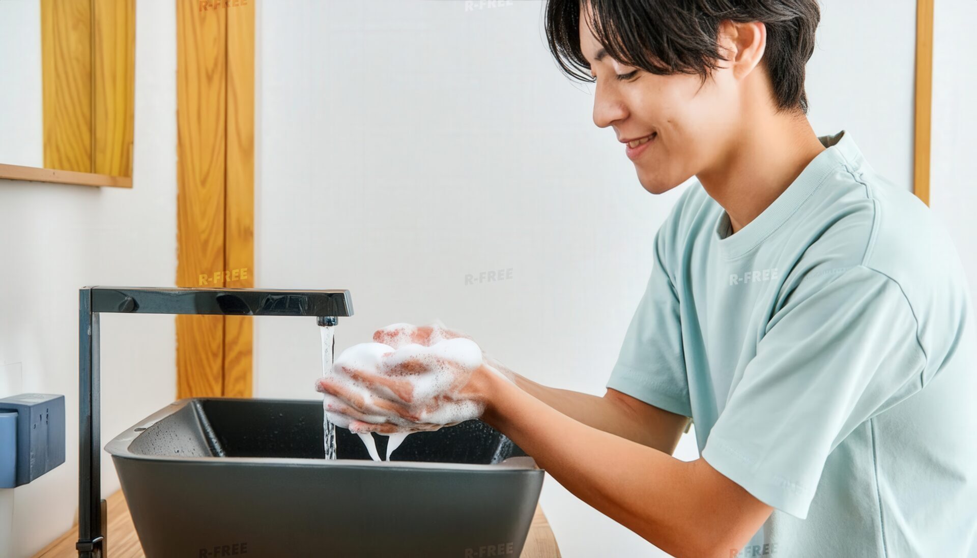 手洗いをする笑顔の男性3