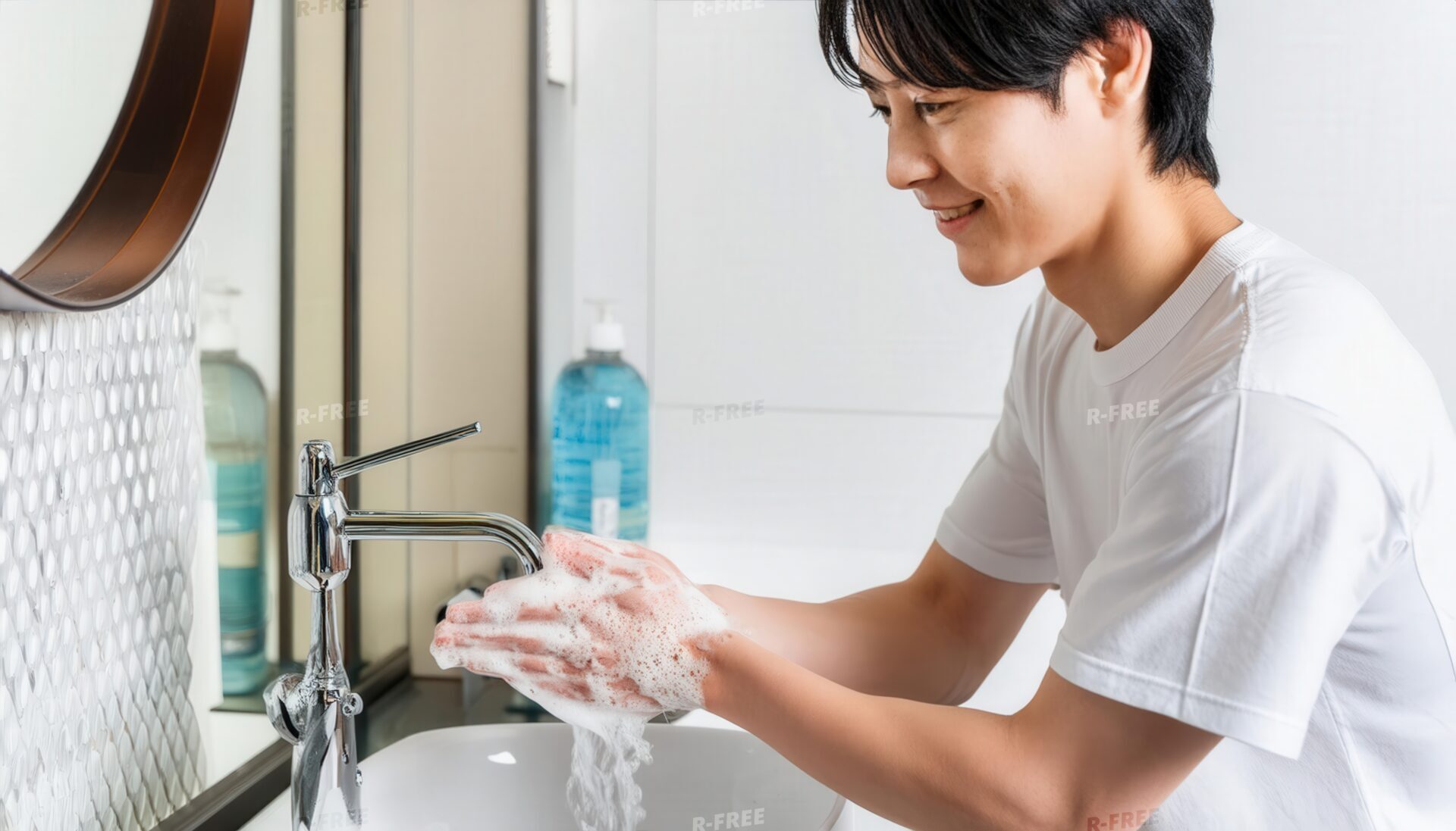 手洗いをする笑顔の男性5