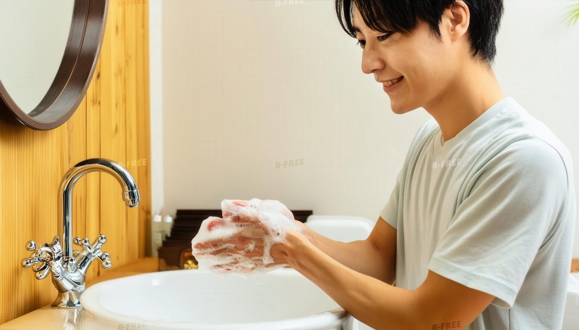 手洗いをする笑顔の男性6