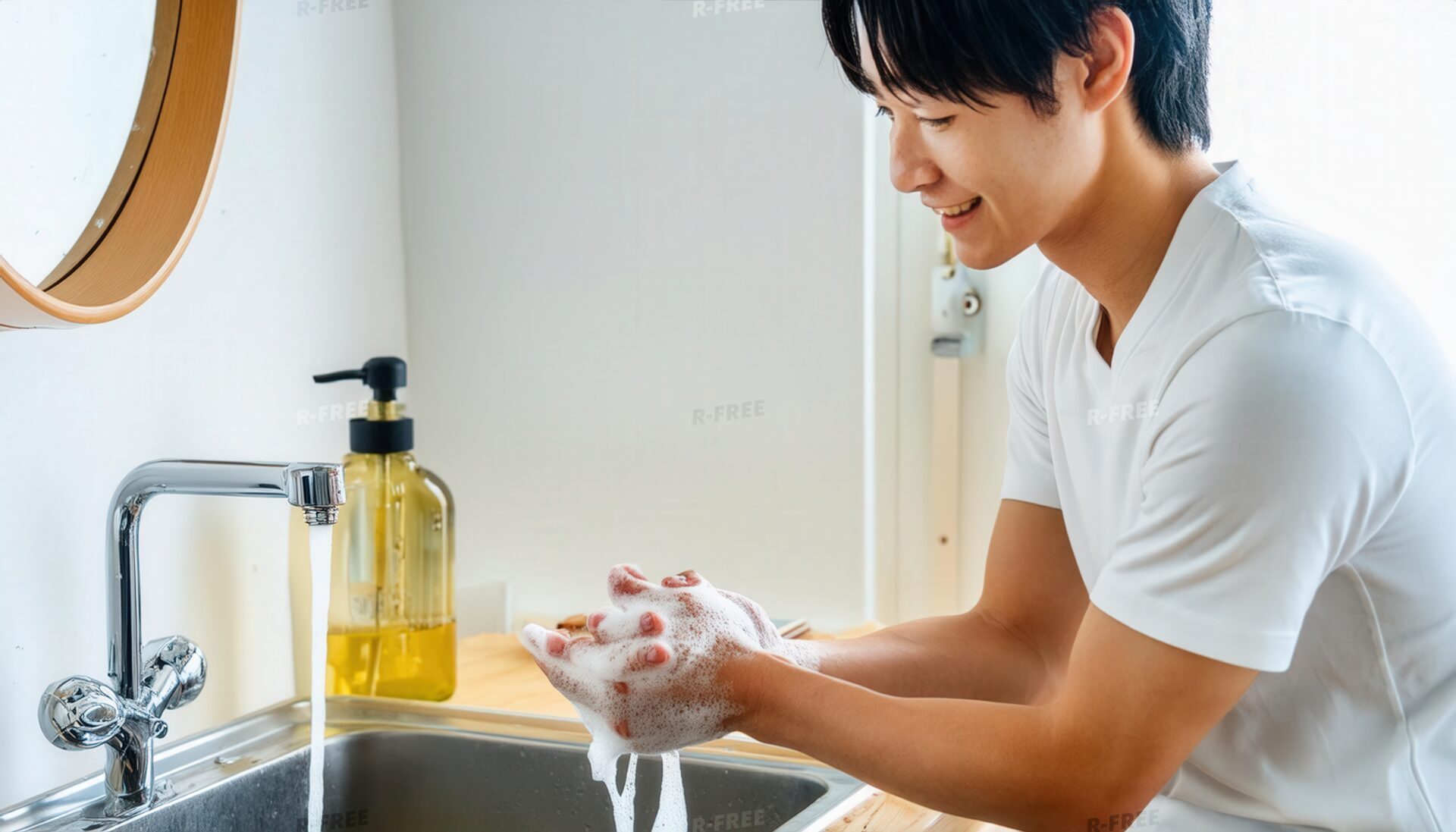 手洗いをする笑顔の男性8