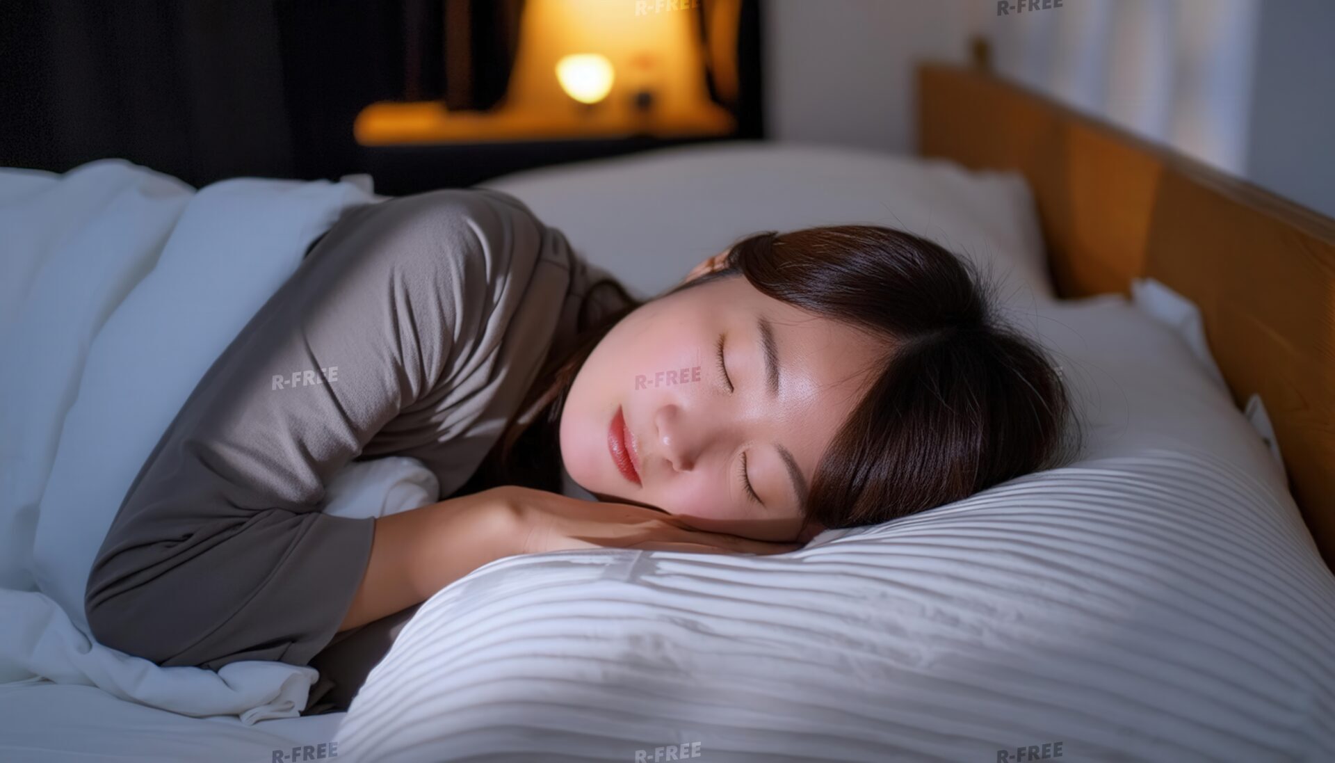 夜に就寝する茶色の部屋着の若い女性