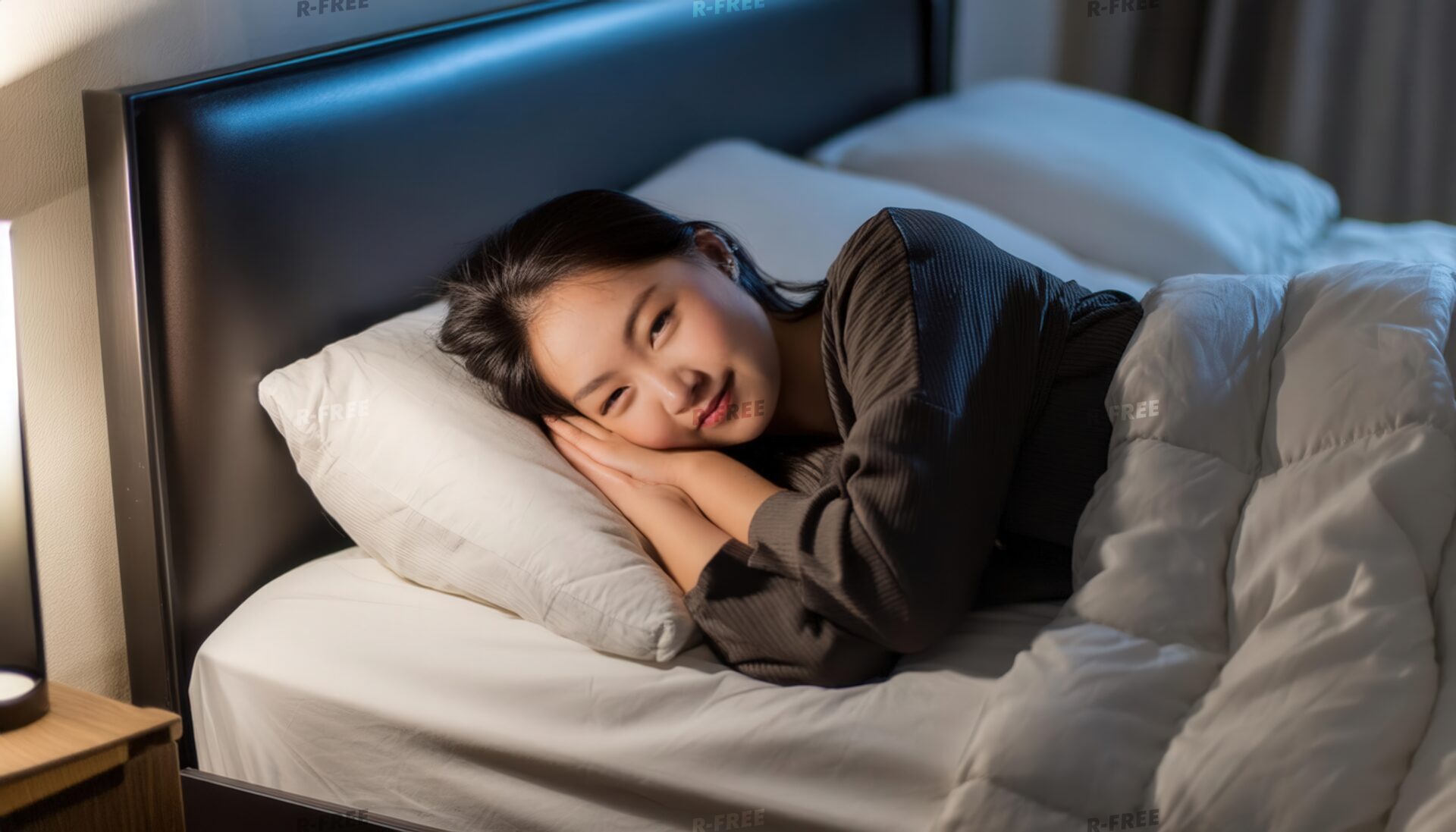 夜に就寝する枕に手を添えた若い女性