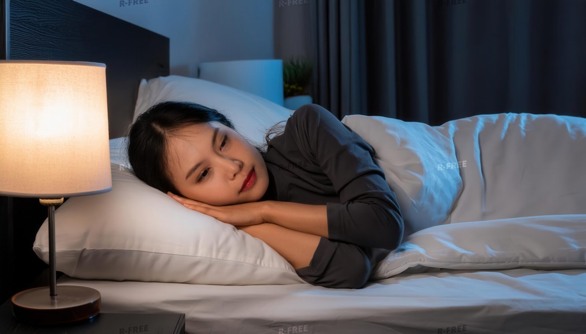 夜に就寝する目を開け物思いにふける若い女性