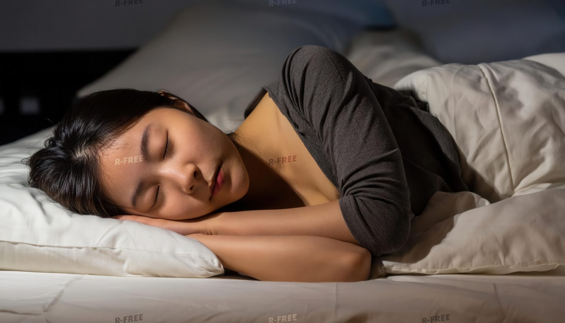 夜に就寝するグレーの部屋着の若い女性