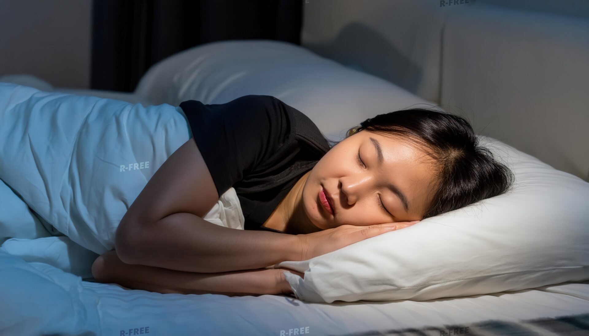 夜に就寝する黒いTシャツの若い女性