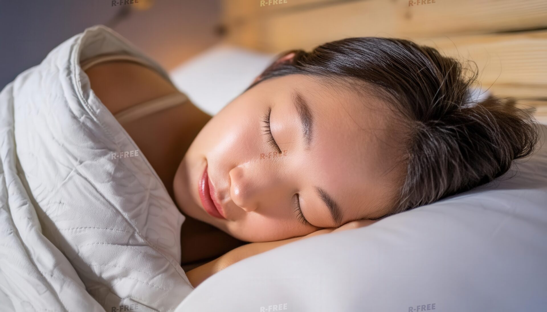 夜に就寝するまとめ髪の若い女性
