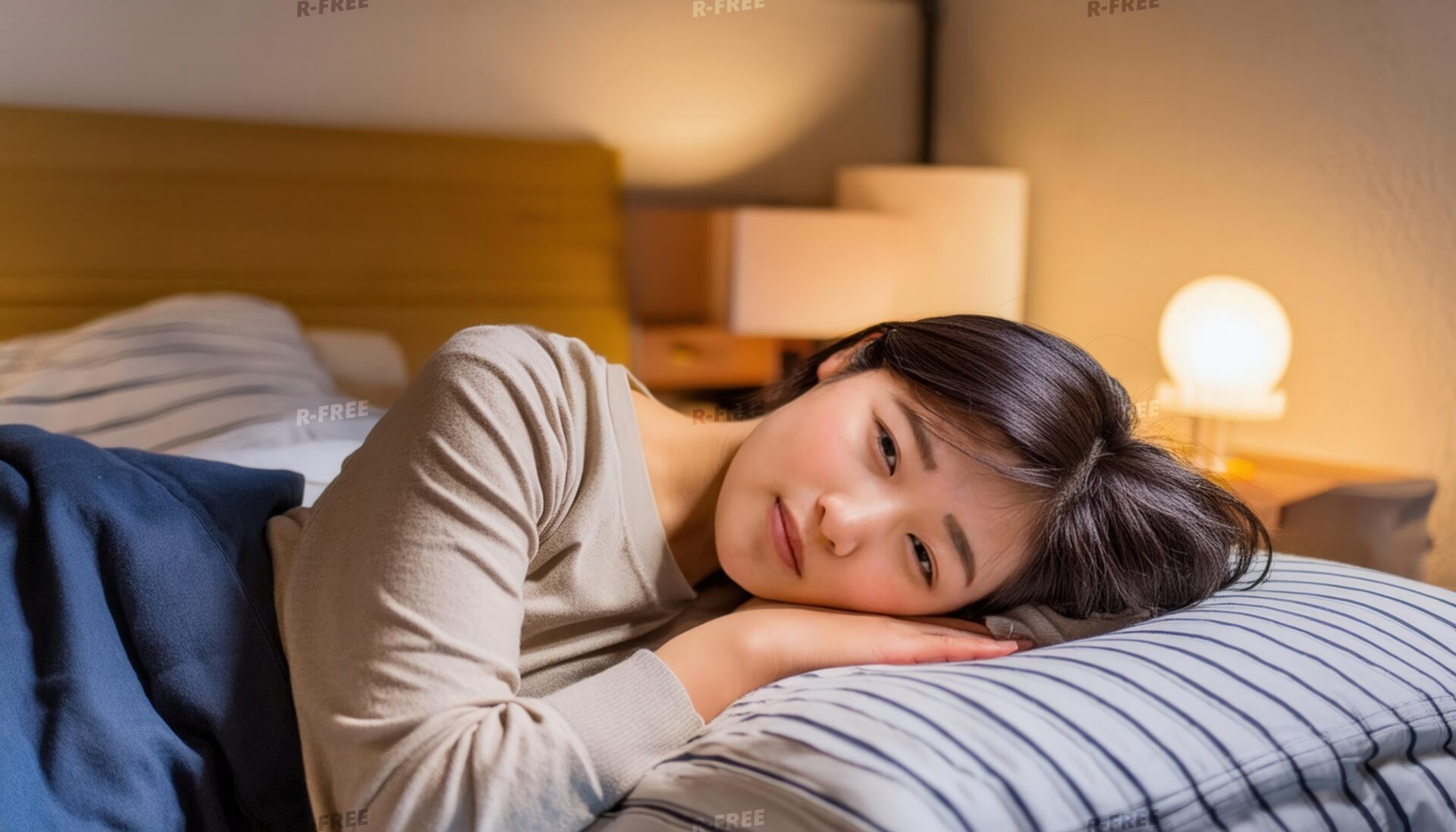 夜に就寝するベージュの部屋着の若い女性