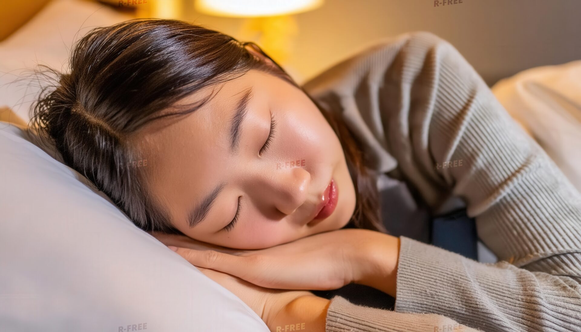 夜に就寝する長い髪を広げた若い女性