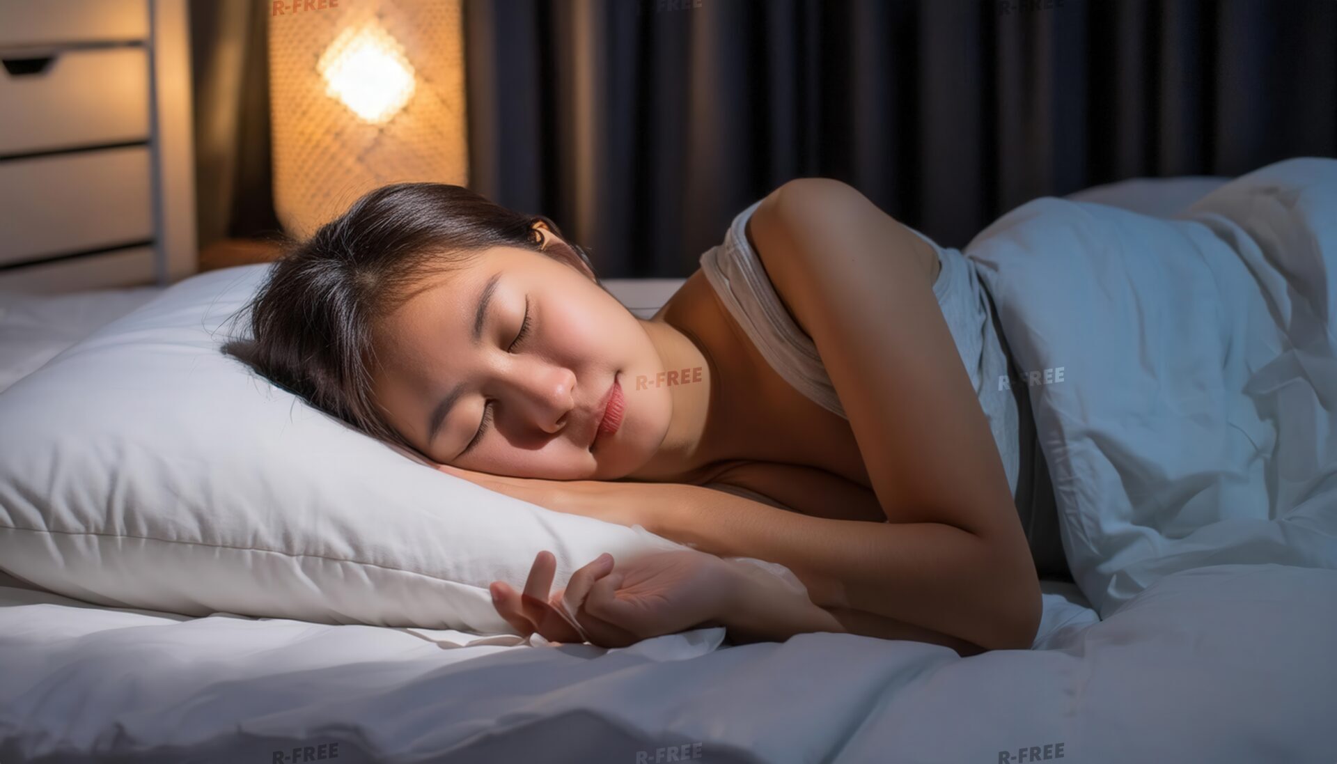 夜に就寝する白いタンクトップの10代女性