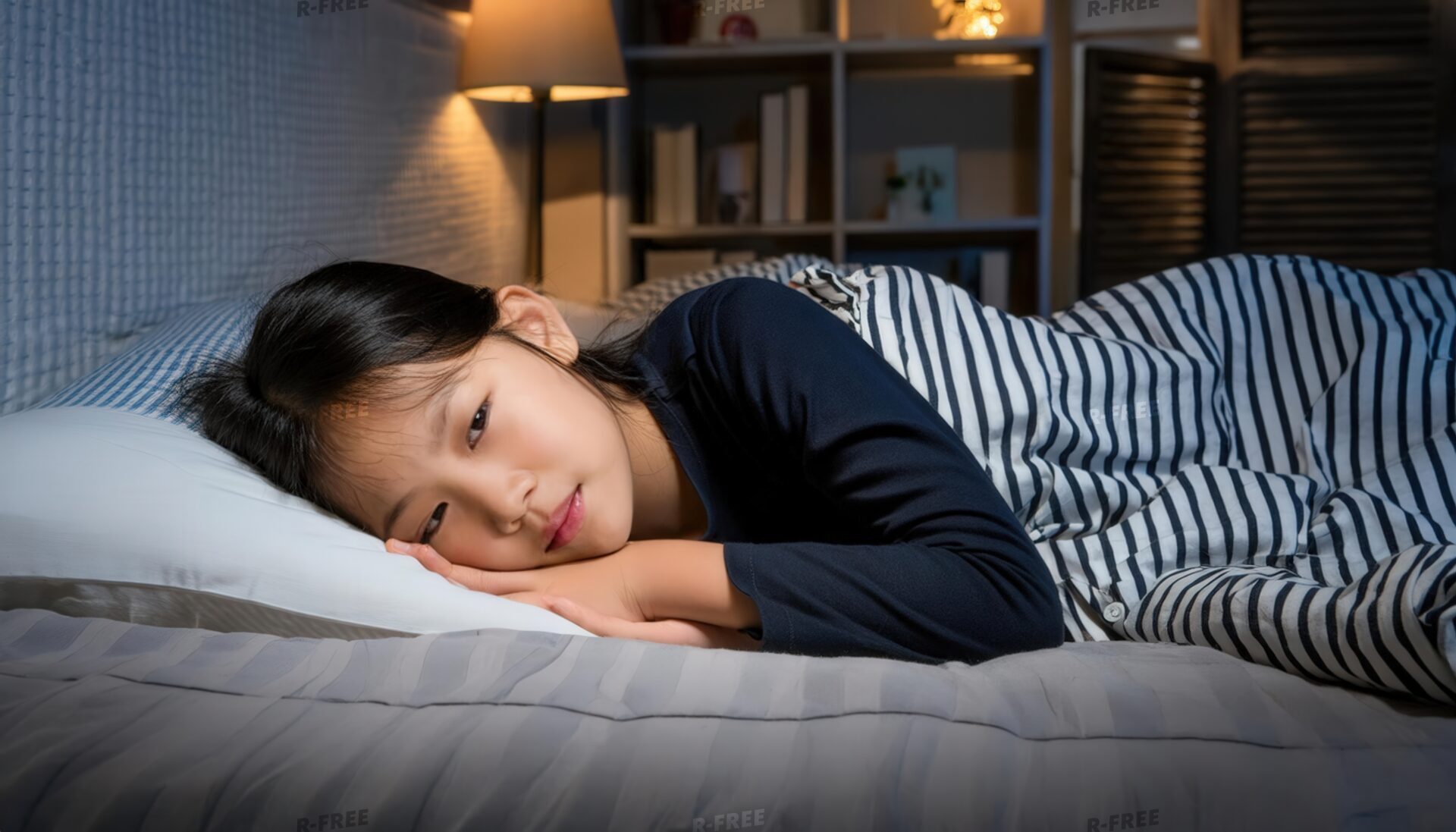 夜に就寝する目を開けた10代女性と本棚