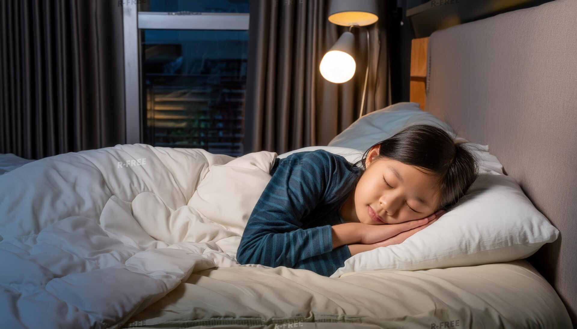 夜に就寝するボーダー柄パジャマの10代少女