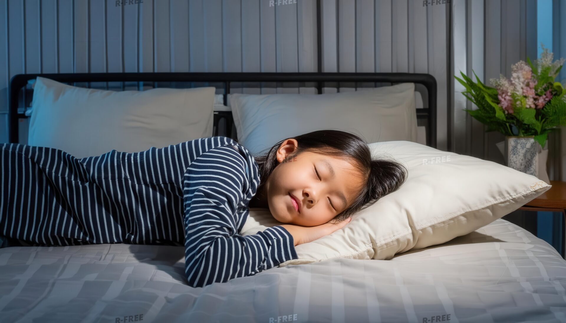 夜に就寝するボーダー柄パジャマの子供