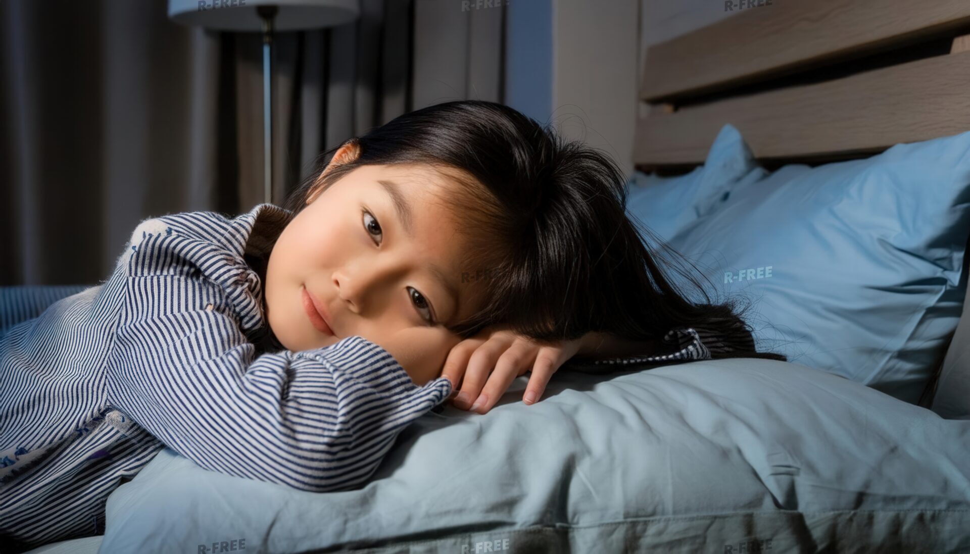 夜に就寝する枕に顎を乗せた子供