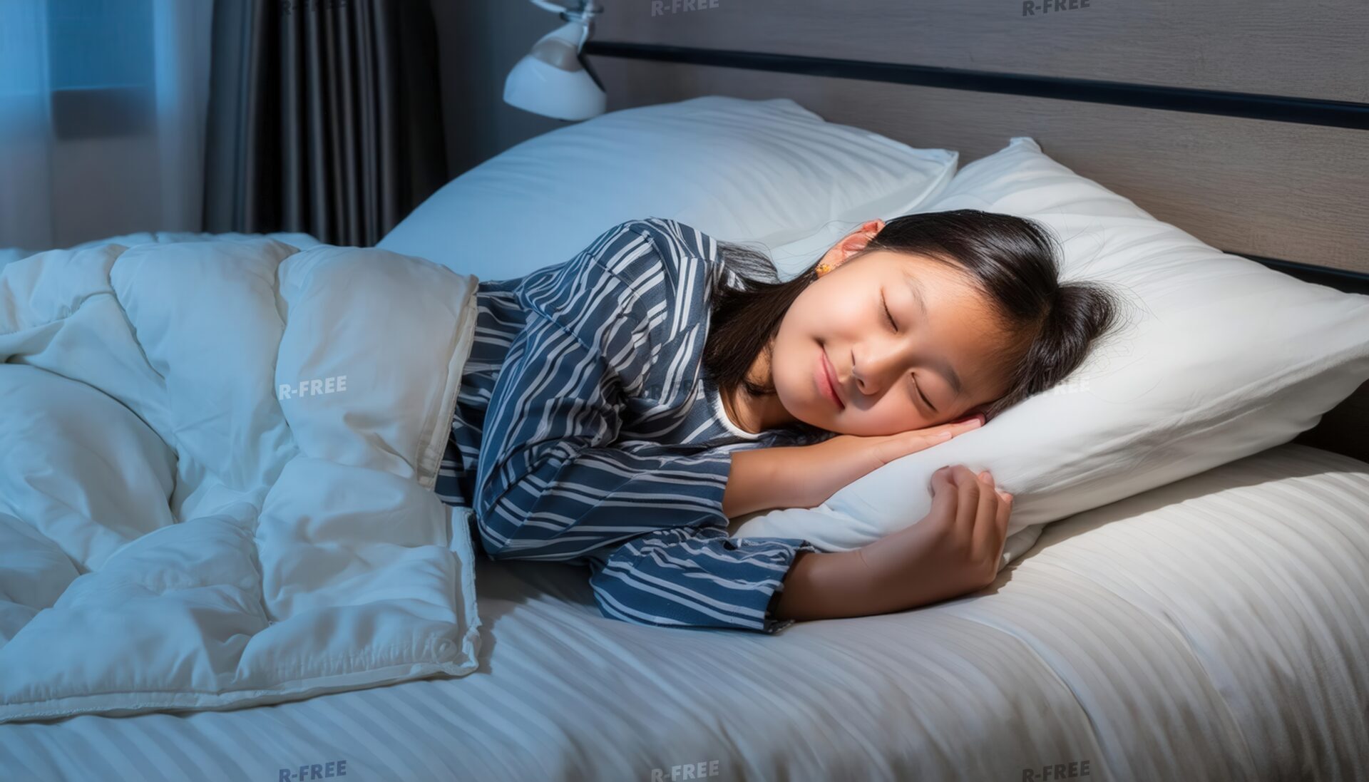 夜に就寝するストライプ柄パジャマの女の子