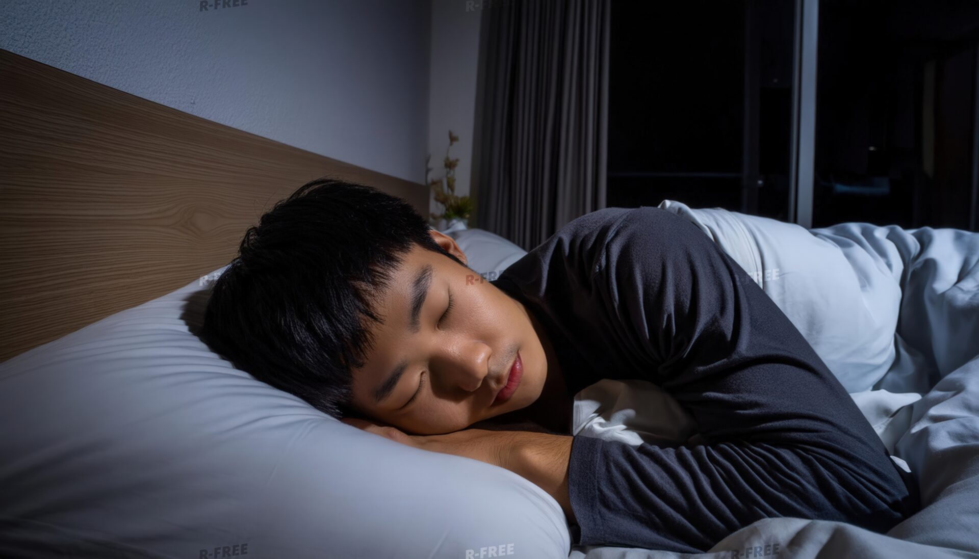 夜のベッドで白い布団に包まれて深く眠るネイビー長袖の男性