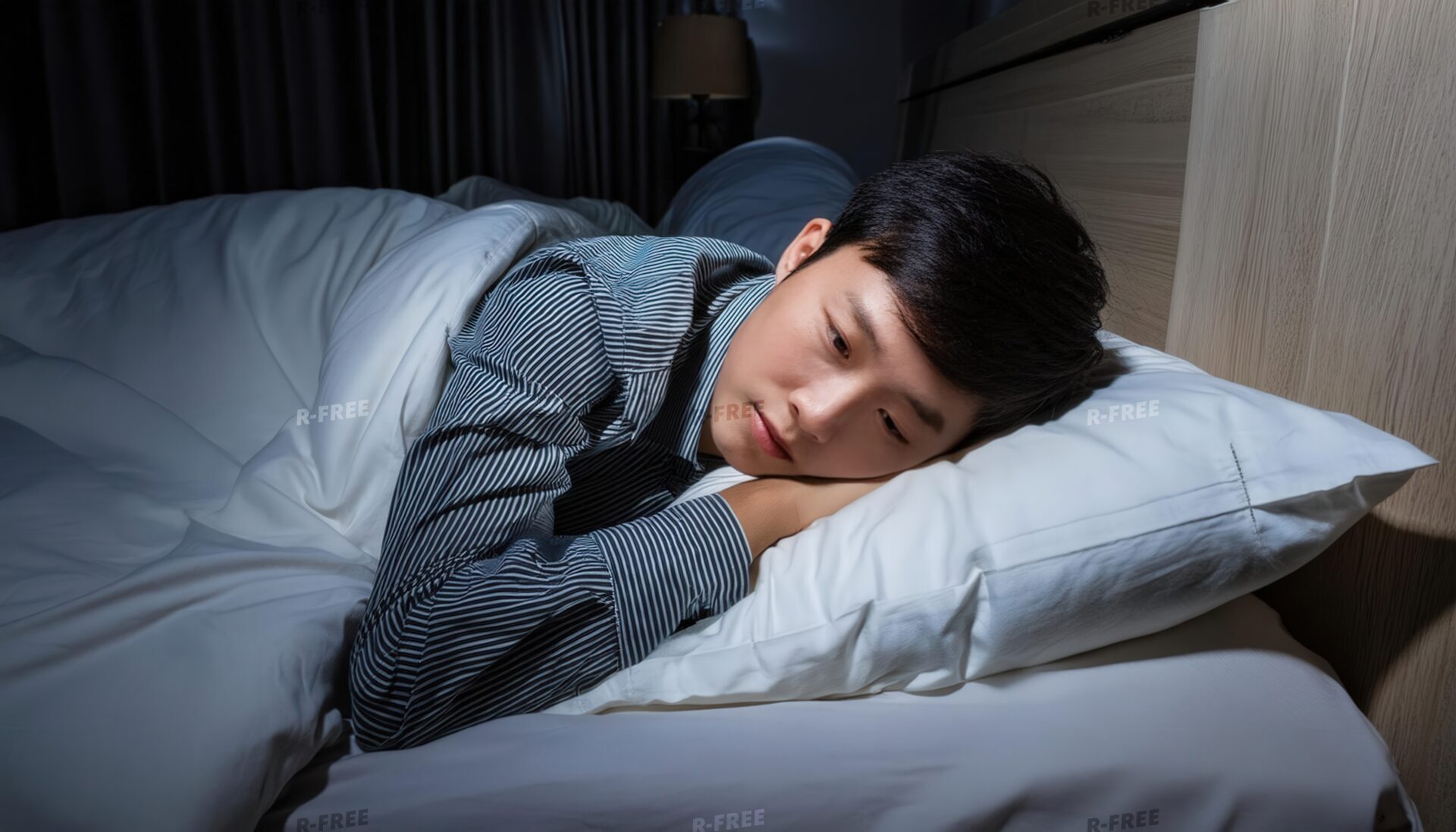眠れない男性が白い枕と布団で物思いにふける夜