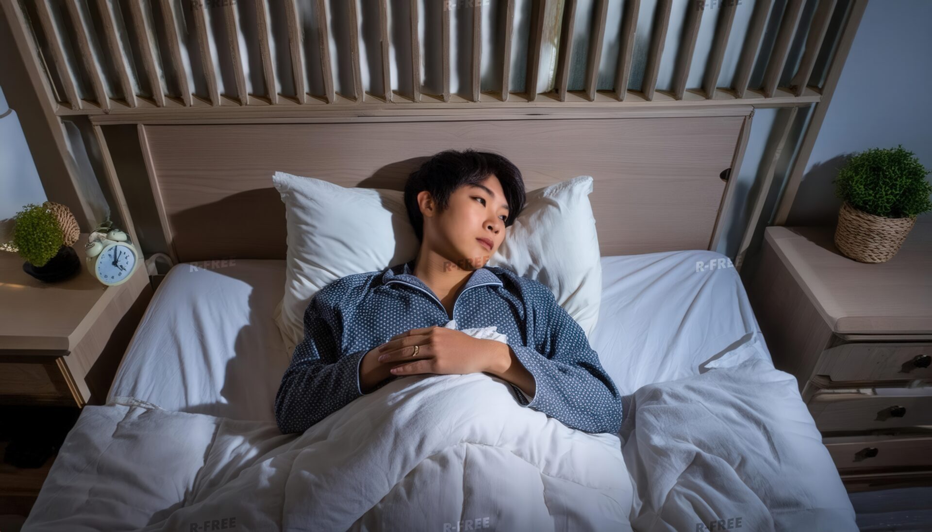 眠れない男性が紺色のパジャマで横を向く夜