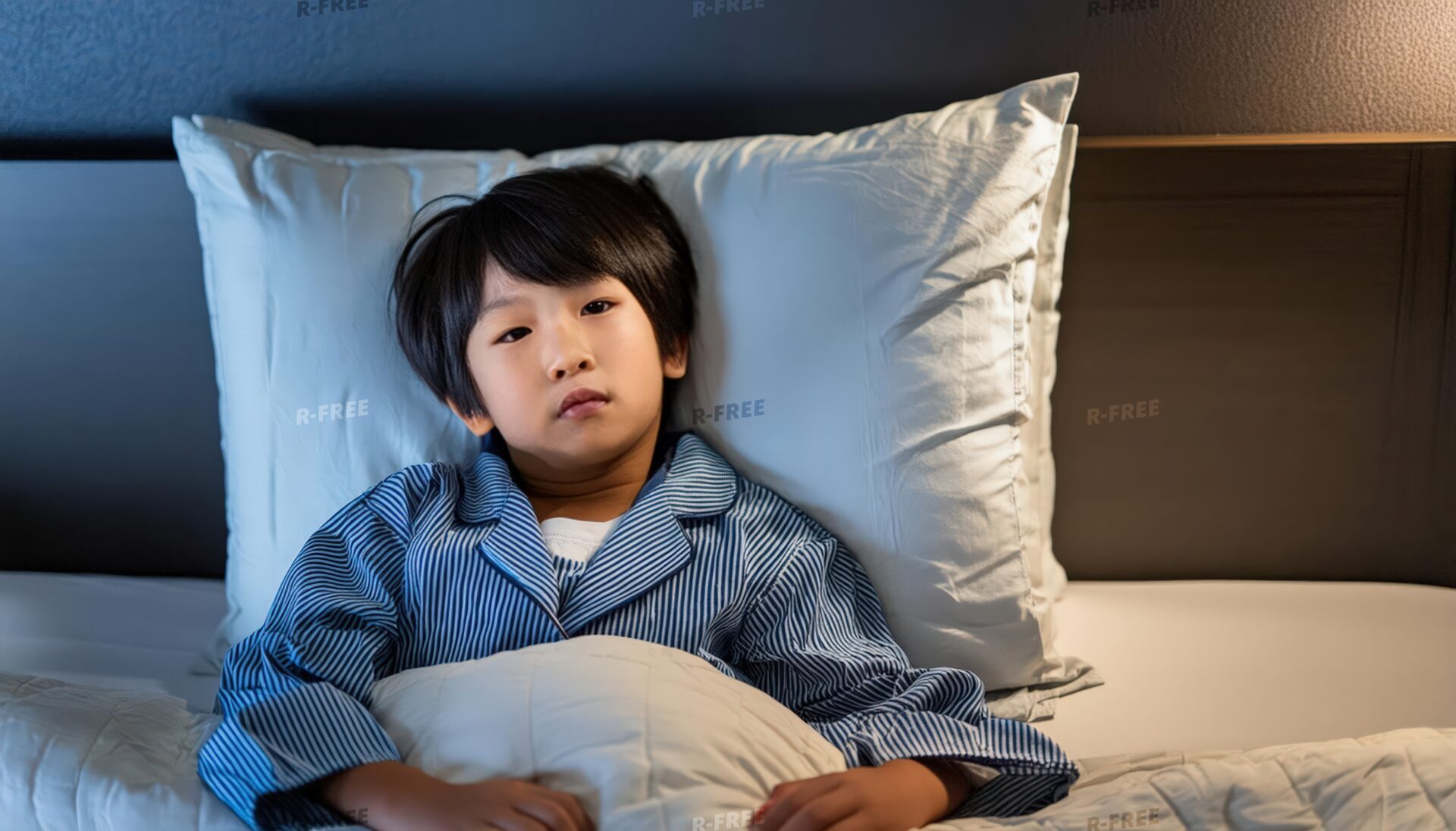 ベッドで横たわる子供（正面を見つめる真剣な表情）