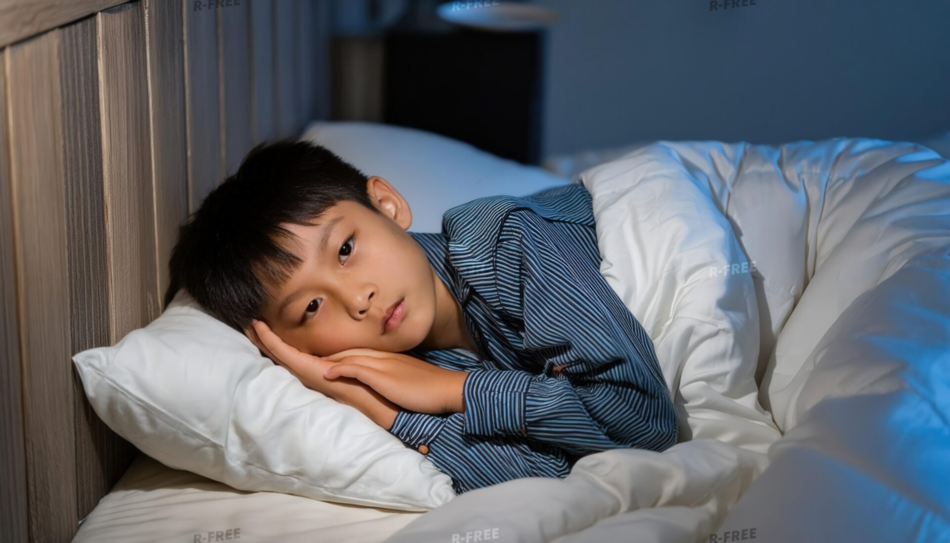 ベッドで横たわる子供（目を開け枕元に手を添える）
